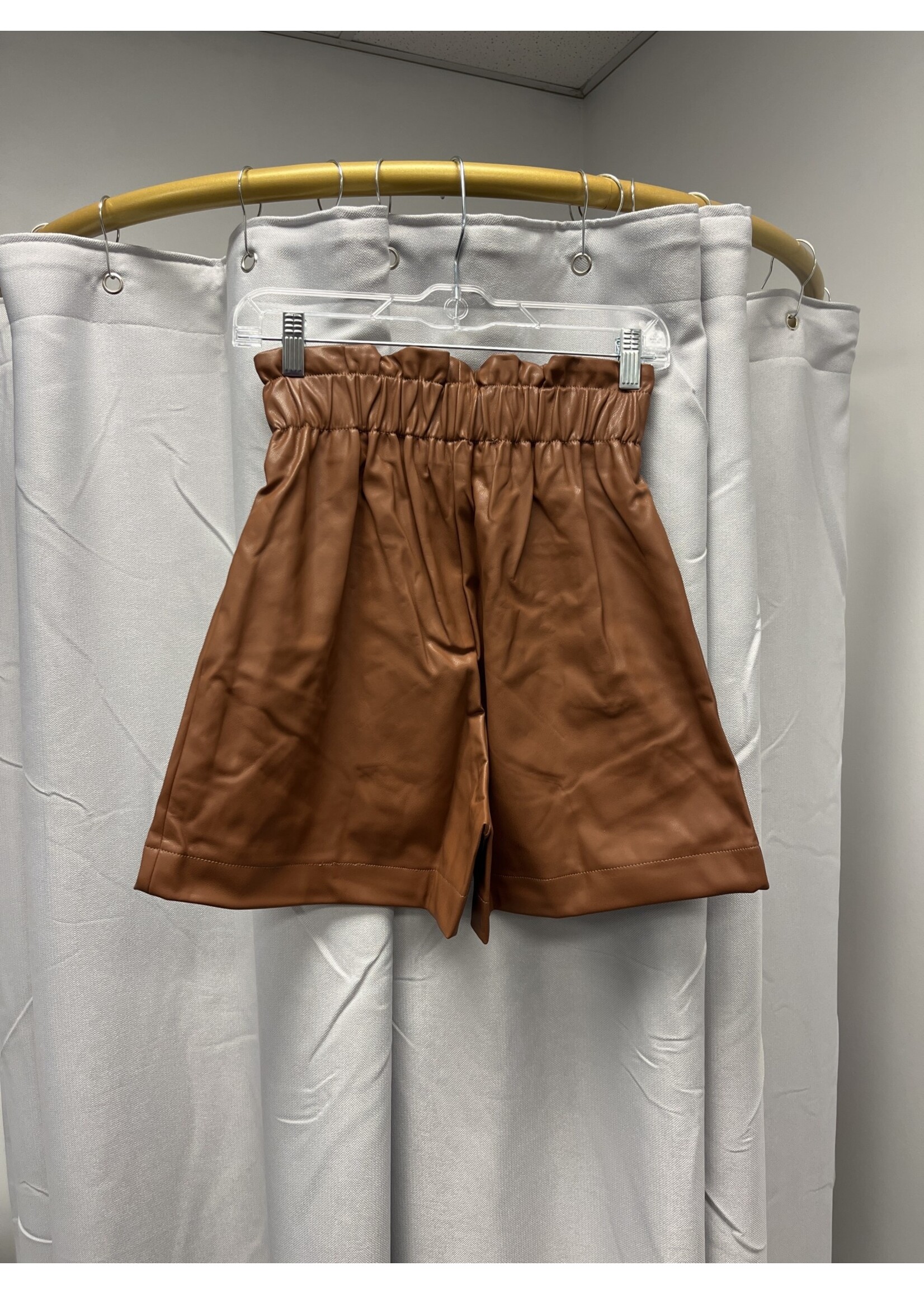 Zenana Vegan Leather Tie Waist Paperbag Shorts (Dk Camel)