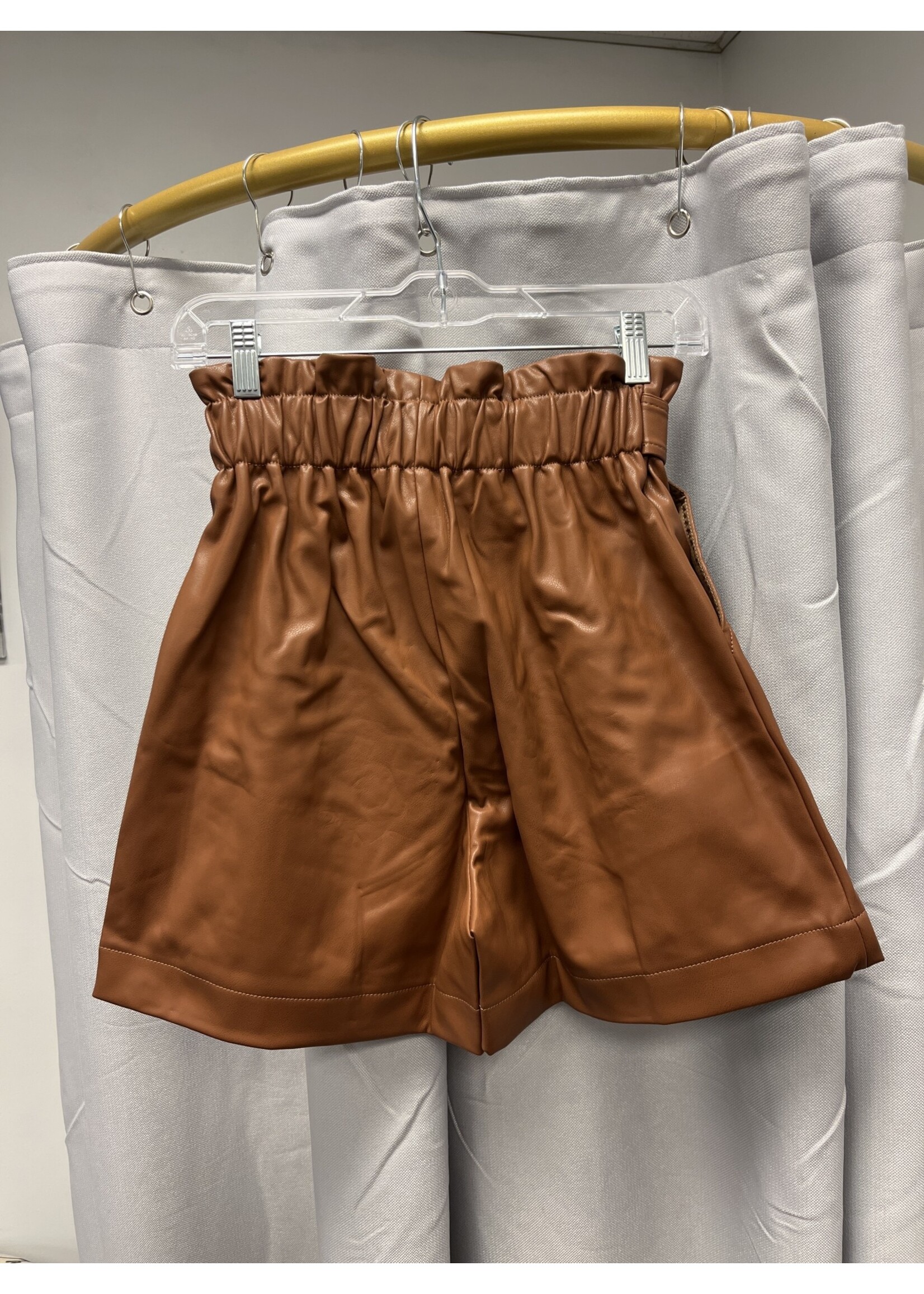 Zenana Vegan Leather Tie Waist Paperbag Shorts (Dk Camel)