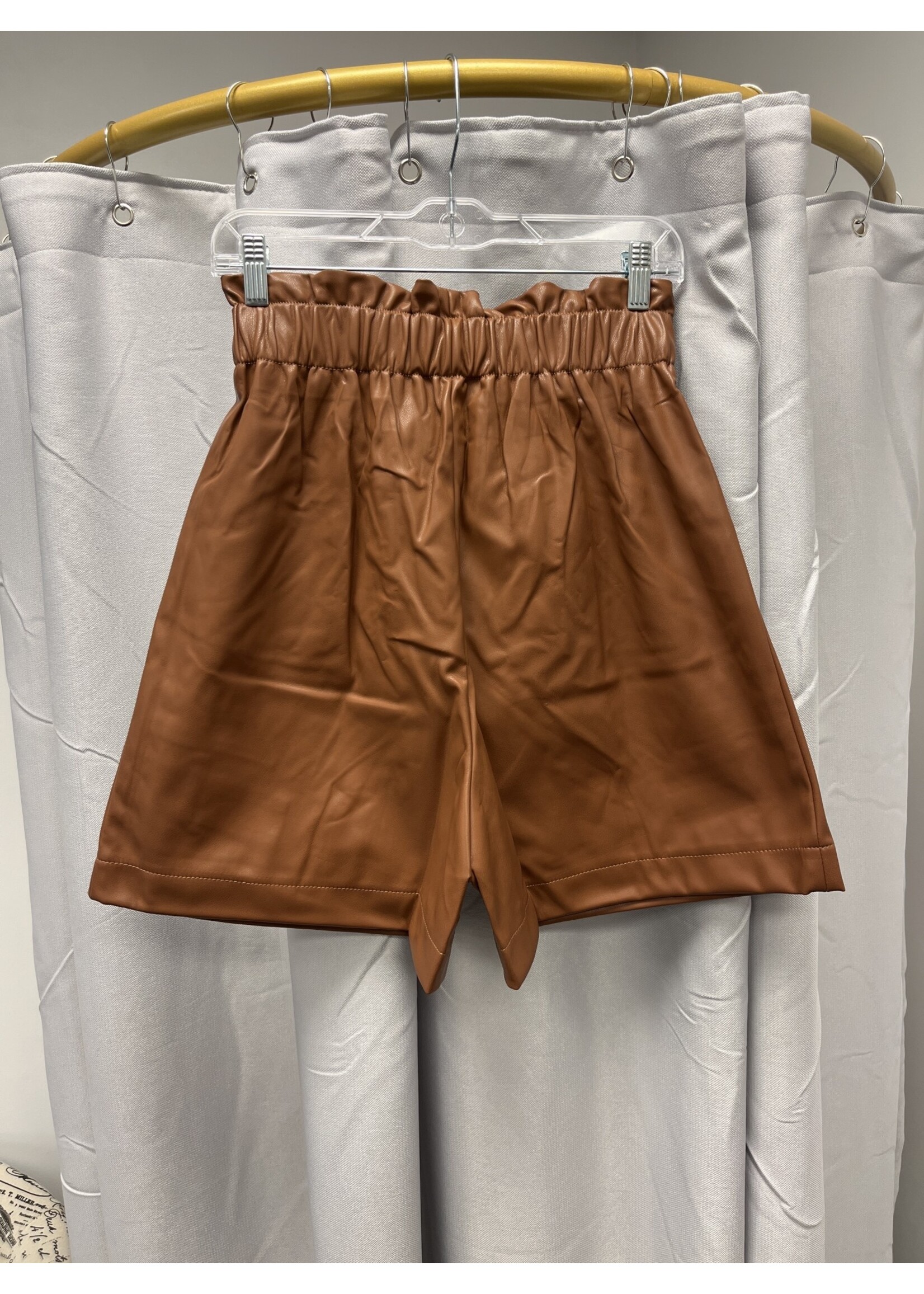 Zenana Vegan Leather Tie Waist Paperbag Shorts (Dk Camel)