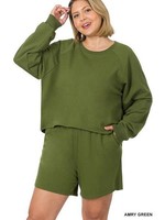 Zenana Plus Army Green Raglan Sleeve Top and Shorts Set