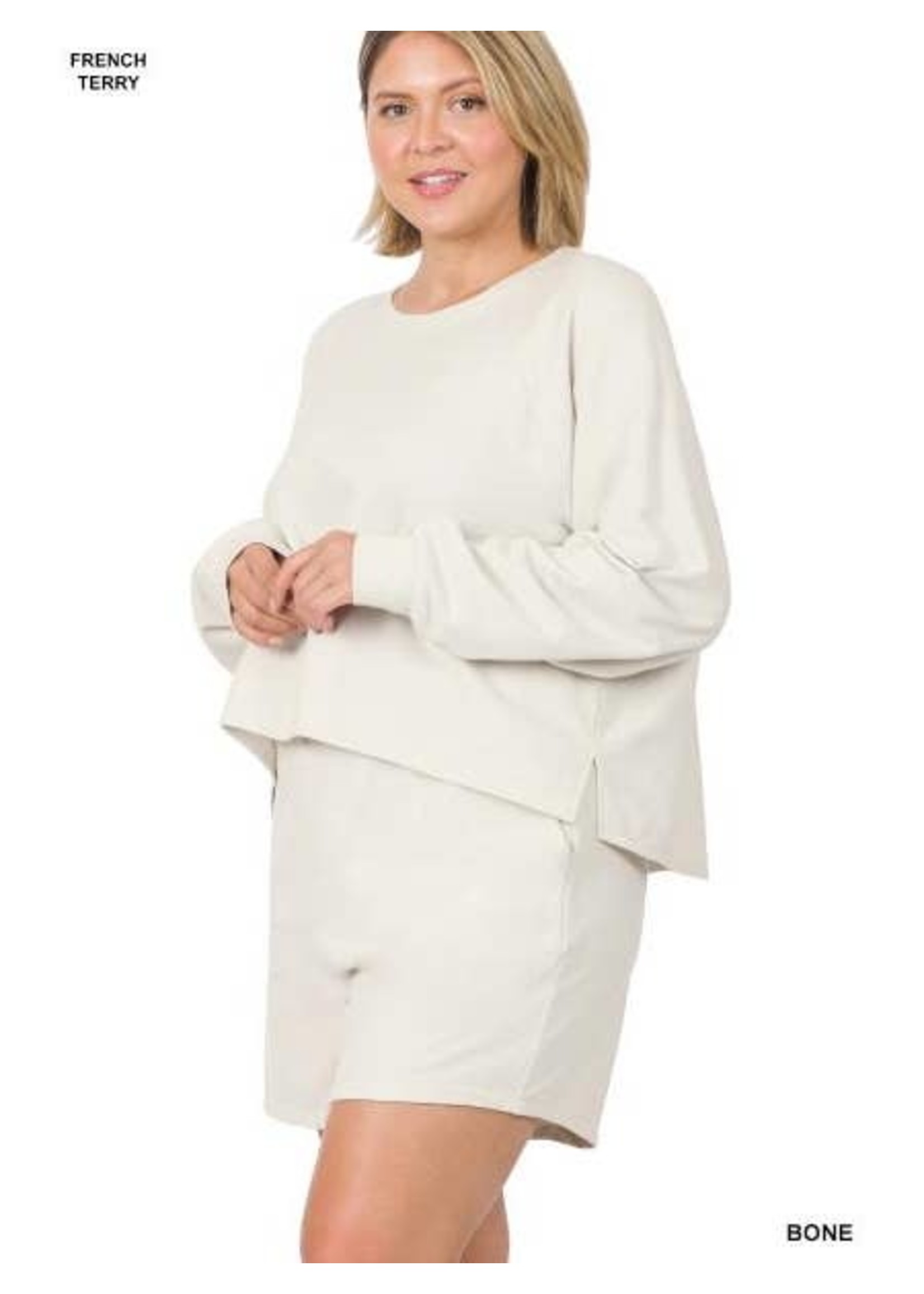 Zenana Plus Bone Long Sleeve Top and Shorts Set