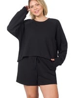 Zenana Plus Black Raglan Sleeve Top and Shorts Set