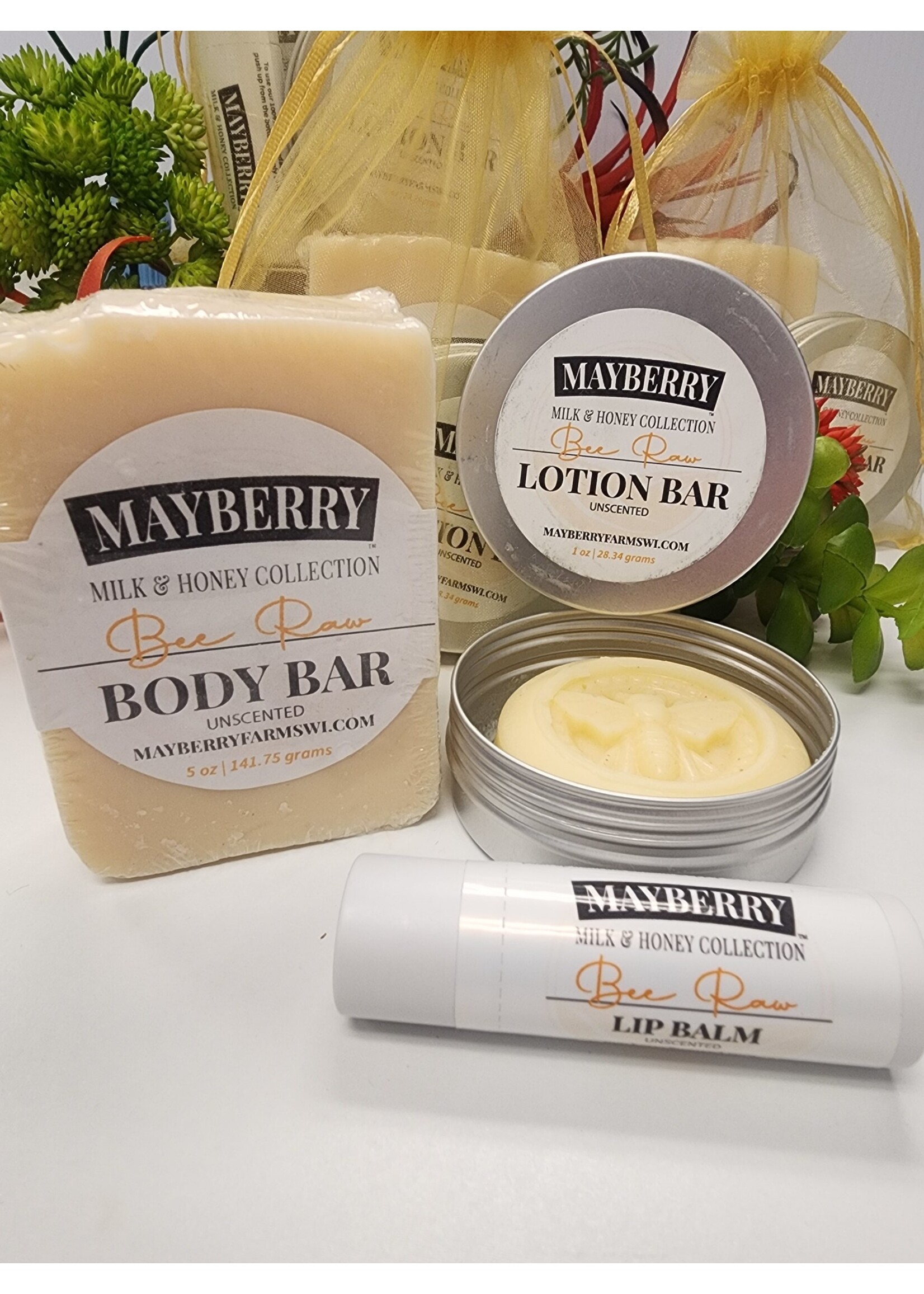 Mayberry Farms Milk & Honey Collection Bee Raw & Tallow Unscented Goat Milk Soap/Lotion Bar/Lip Balm Gift Set