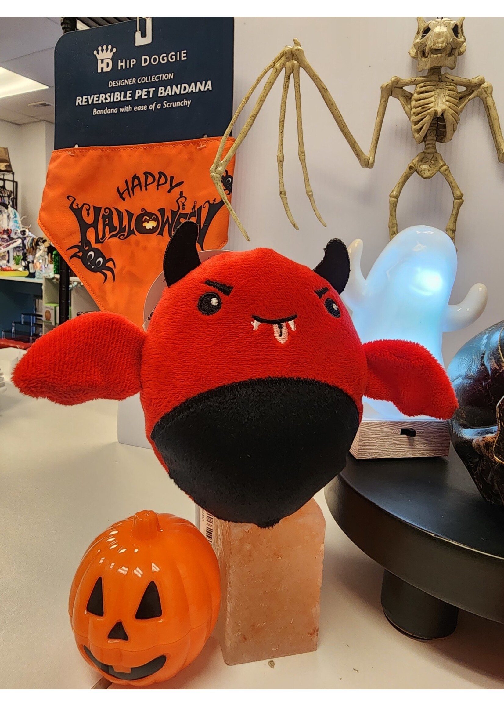 Thrills & Chills Collection Halloween Plush Red Devil Bat Dog Toy- Squeaker, Crinkle