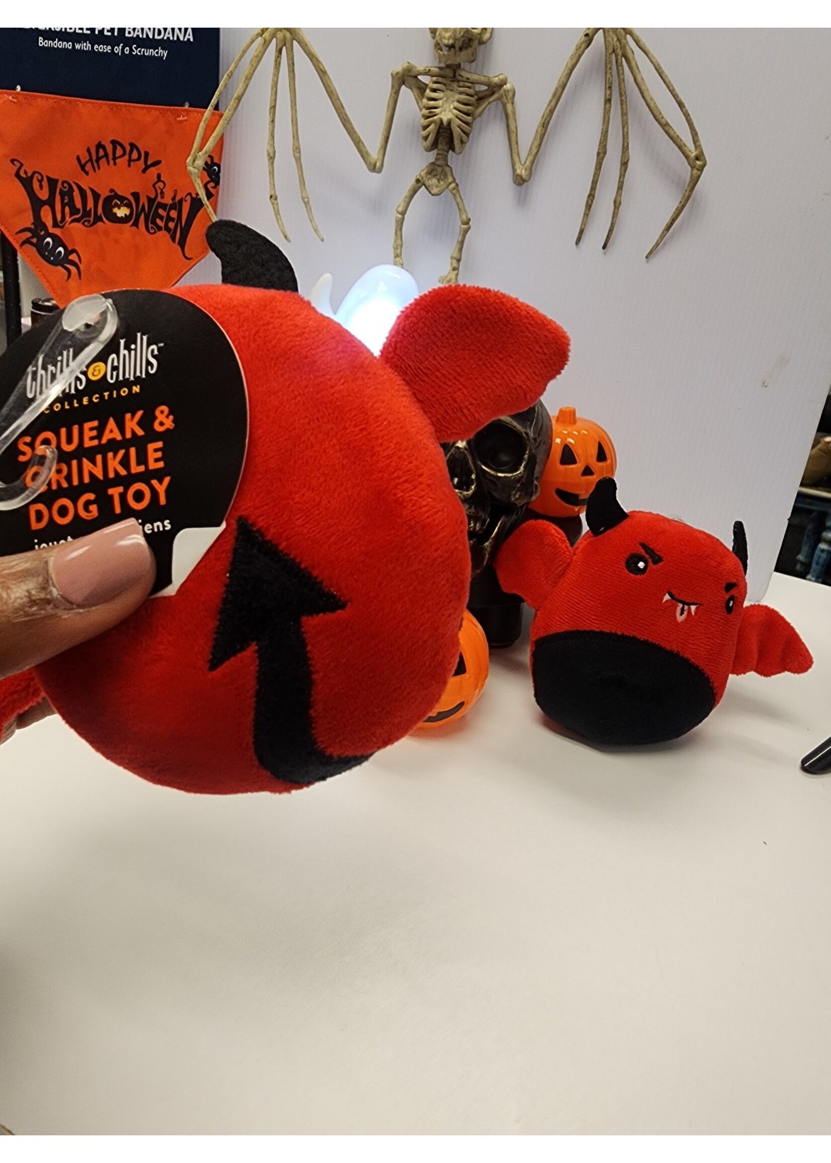 Thrills & Chills Collection Halloween Plush Red Devil Bat Dog Toy- Squeaker, Crinkle