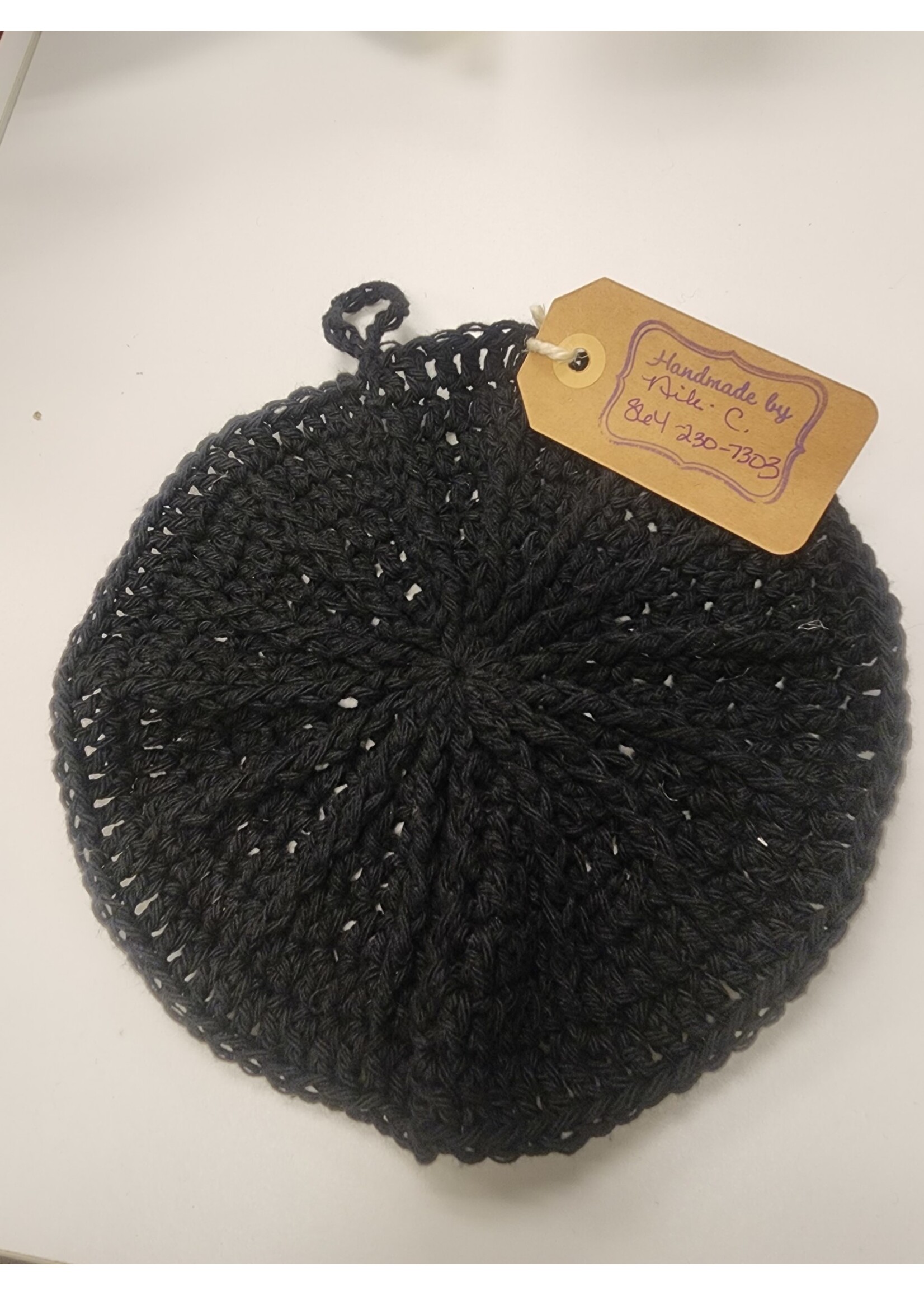 Crochet By Niki Black Round 100% Cotton Yarn Dishcloth/Pot holder 7 1/2 X 7 1/2