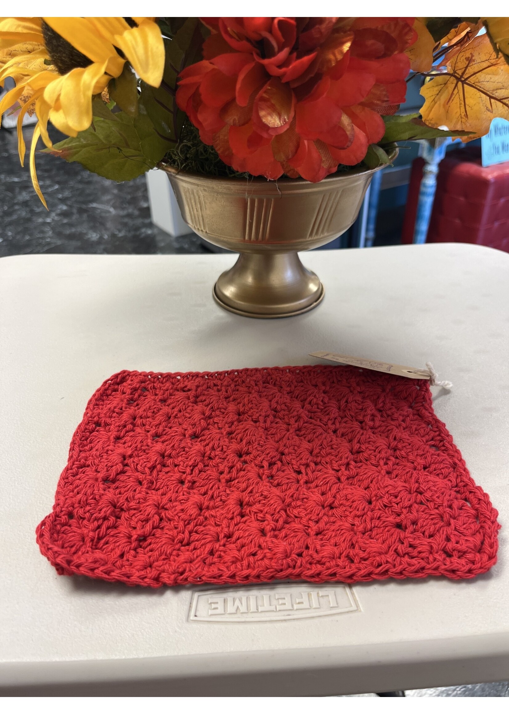 Crochet By Niki Red Shell Yarn Dishcloth 100% Cotton 7 X 9