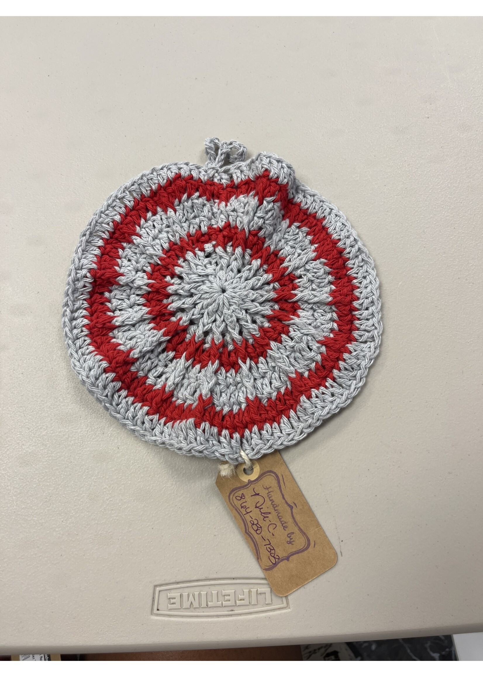 Crochet By Niki Gray/Red Round 100% Cotton Yarn Dishcloth/Pot holder 7 1/2 X 7 1/2