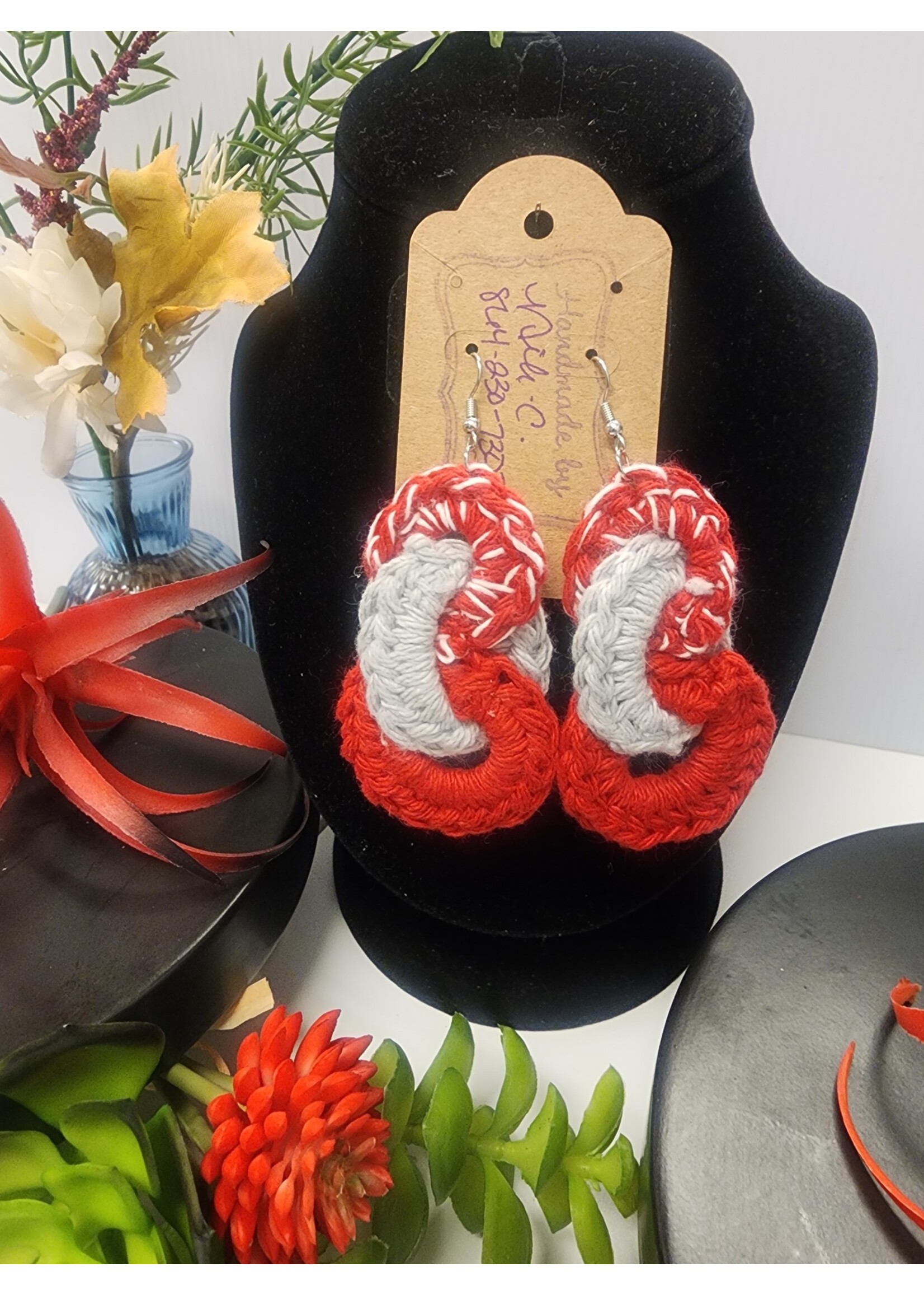 Crochet By Niki Crochet Link Red/Wht/Gray Earrings