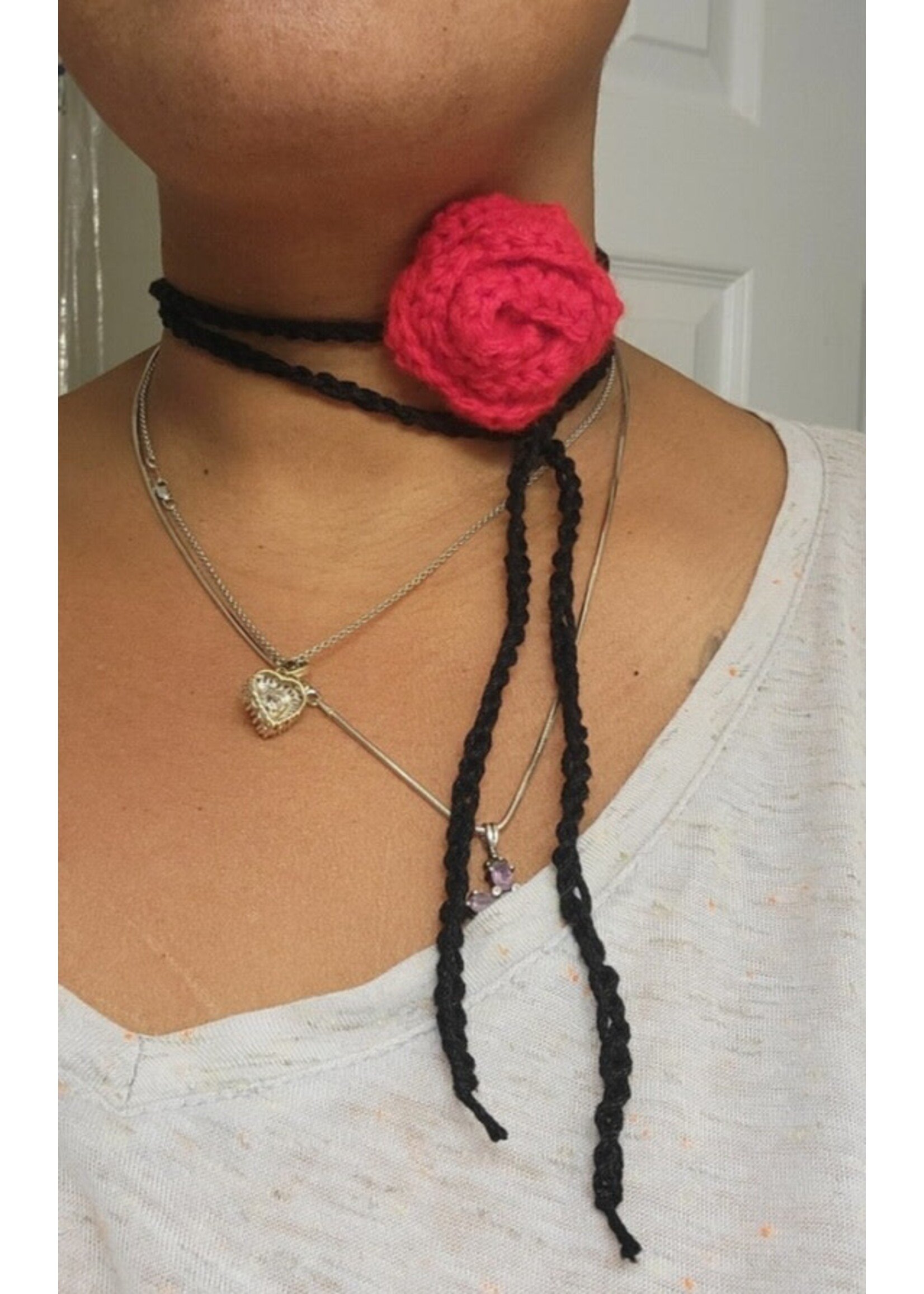 Crochet By Niki Crochet Blk/Red Cotton/Acrylic Choker w/ Rose