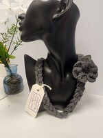 Crochet By Niki Crochet Cotton Gray Braided Necklace w/ Detachable Flower Broach