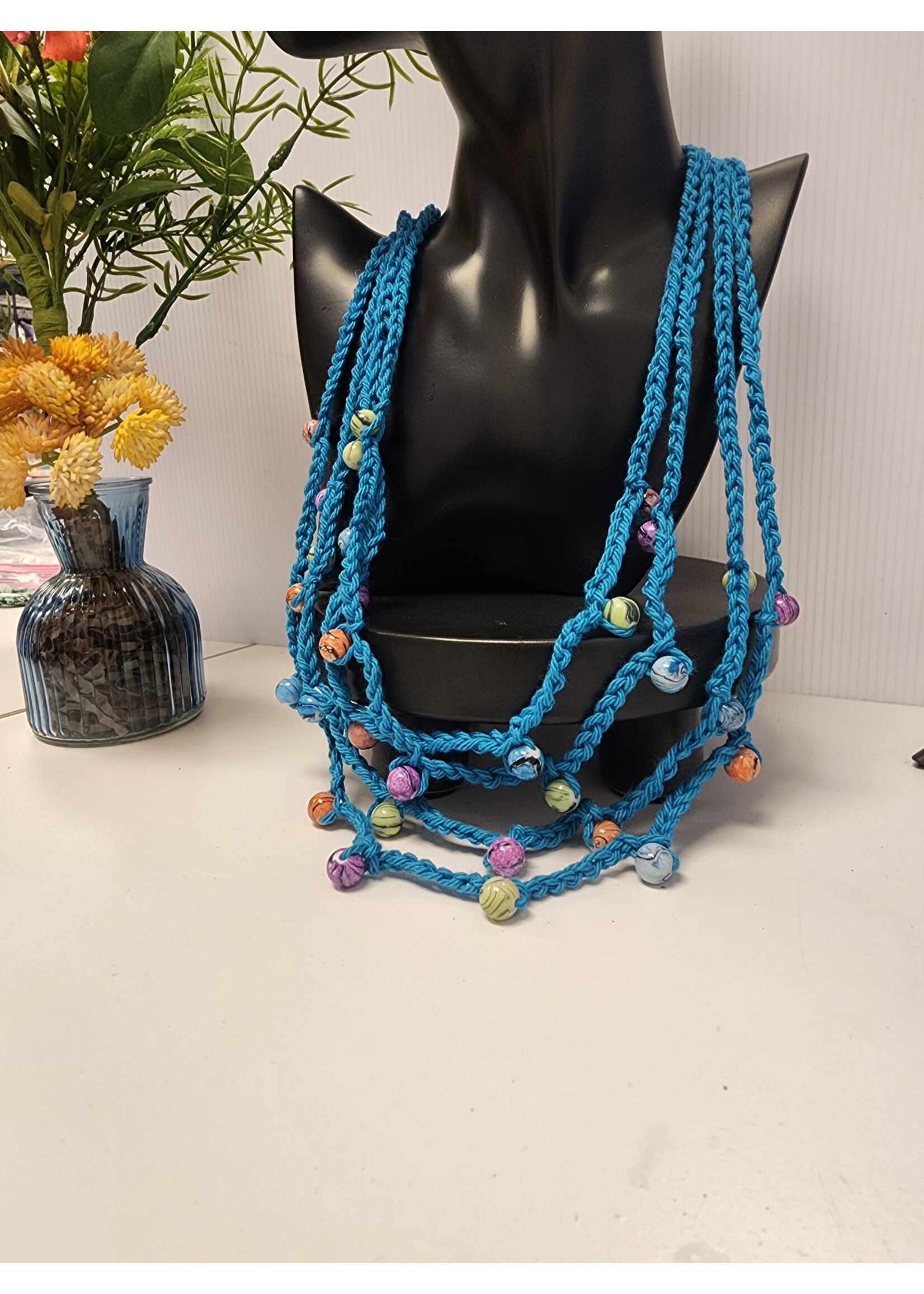 Crochet By Niki Crochet Teal Chain Necklace W/ Multicolor Bead Accents