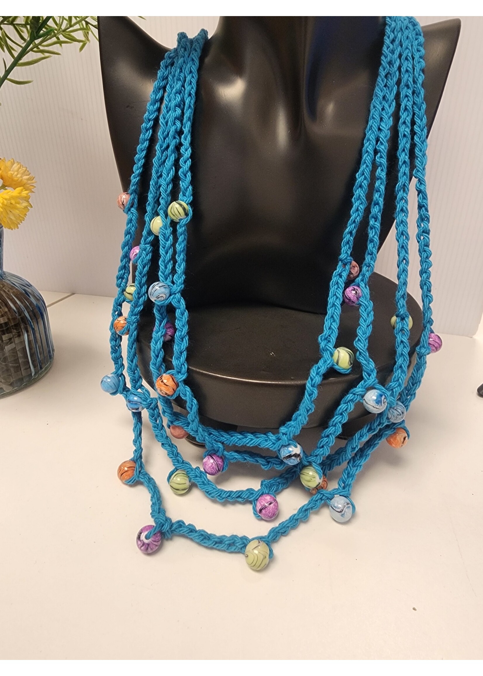 Crochet By Niki Crochet Teal Chain Necklace W/ Multicolor Bead Accents