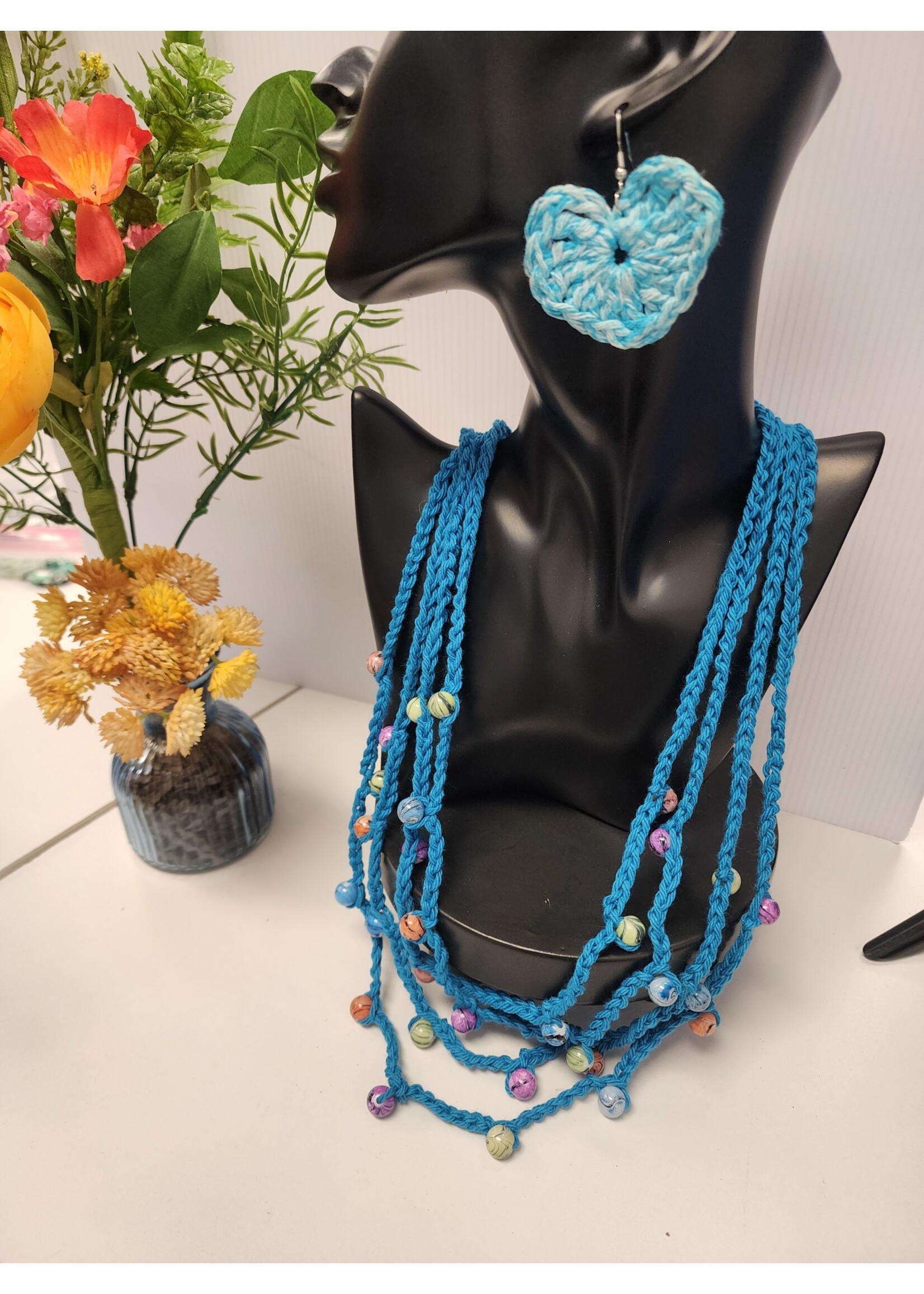 Crochet By Niki Crochet Teal Chain Necklace W/ Multicolor Bead Accents