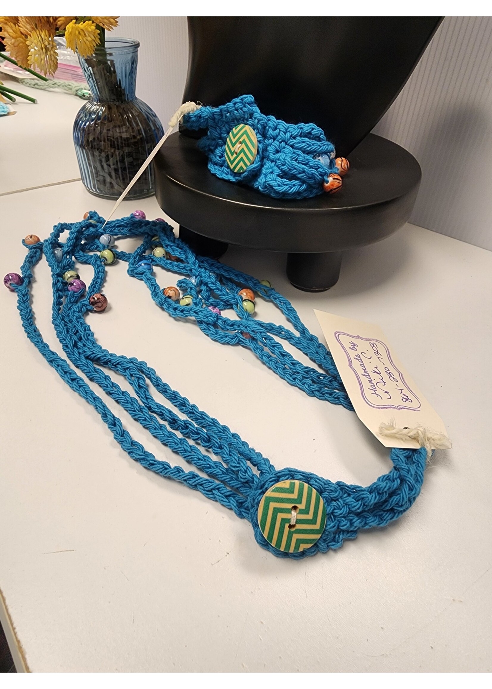 Crochet By Niki Crochet Teal Chain Necklace W/ Multicolor Bead Accents