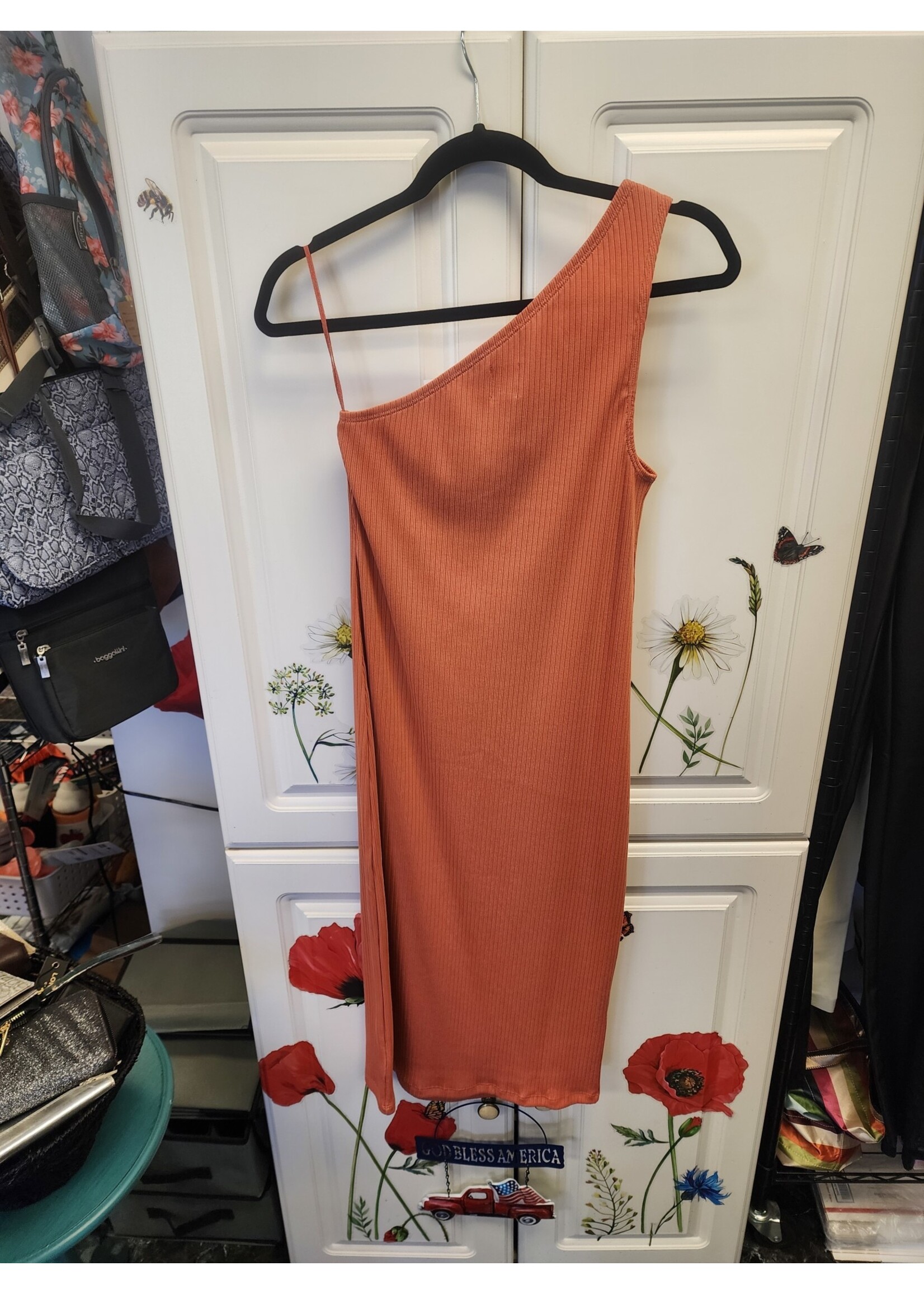 Gap Gap One Shoulder Org/Coral Rib Midi Dress (S) NWT