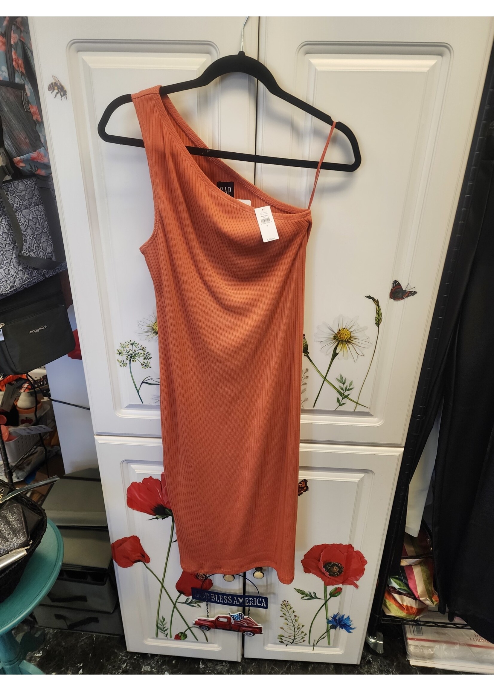 Gap Gap One Shoulder Org/Coral Rib Midi Dress (S) NWT