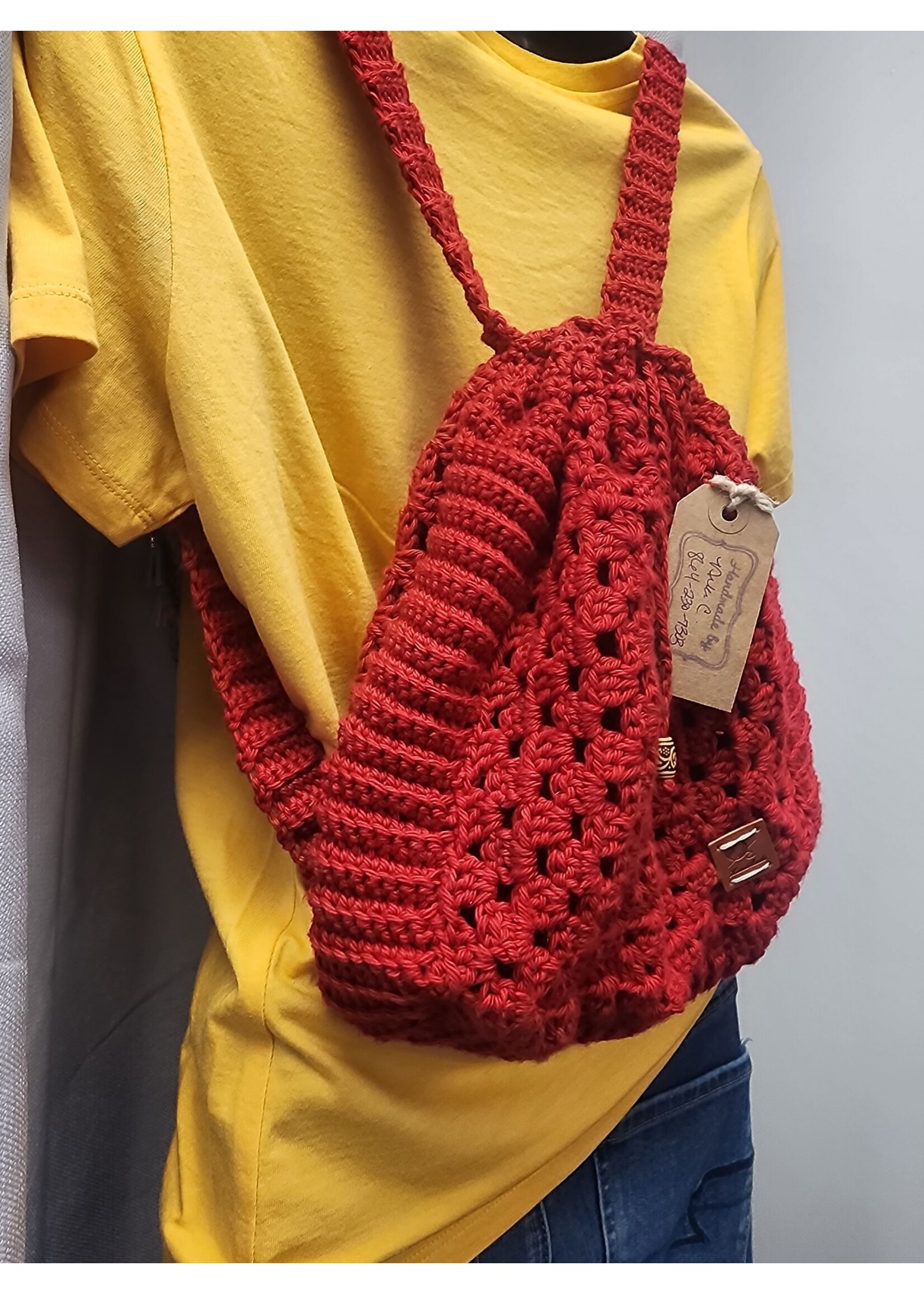 Crochet By Niki Crochet Cotton Granny Square Drawstring Red Backpack