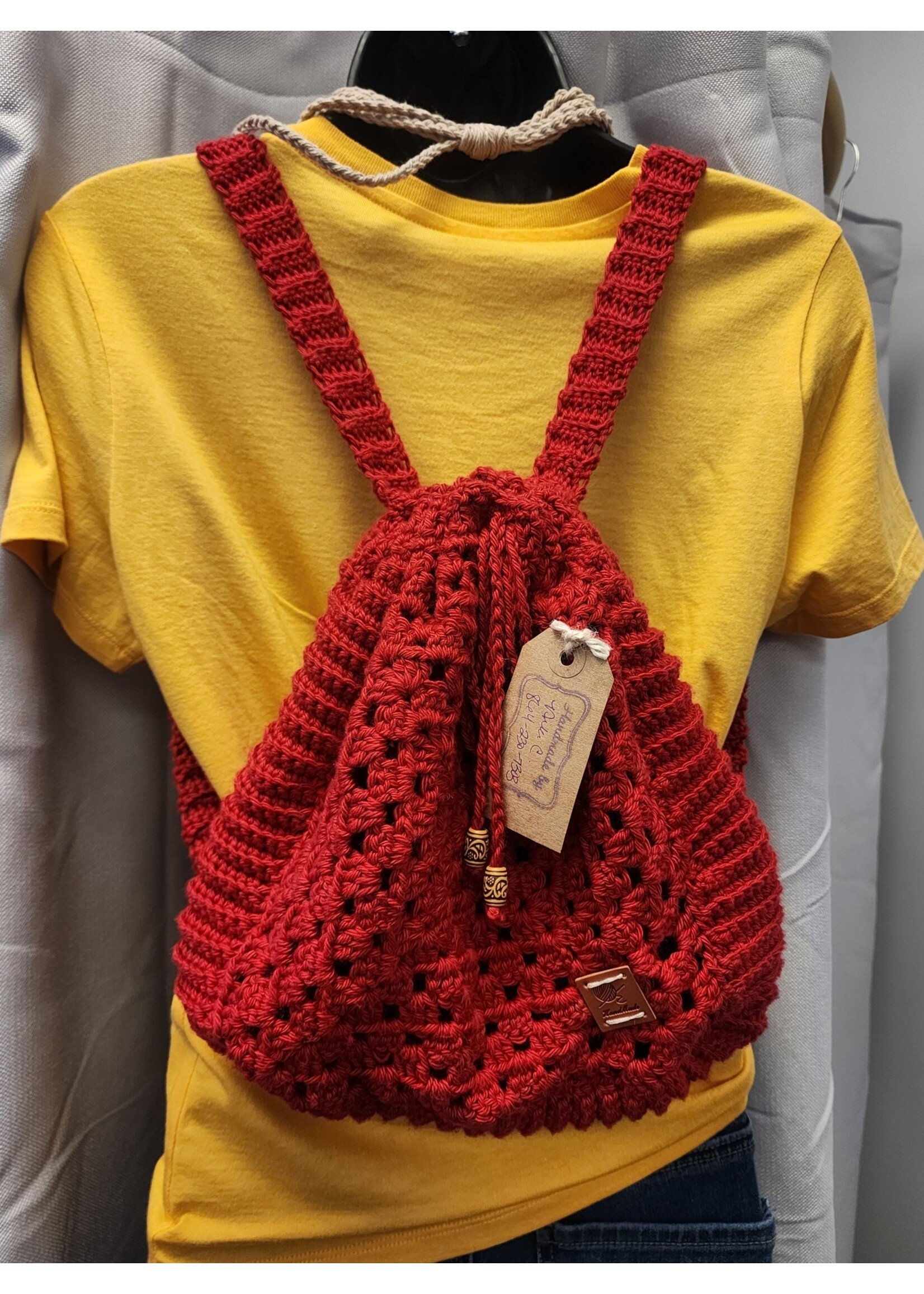 Crochet By Niki Crochet Cotton Granny Square Drawstring Red Backpack