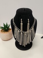 Silvertone Dangling Chains and Rhinestones Necklace Set