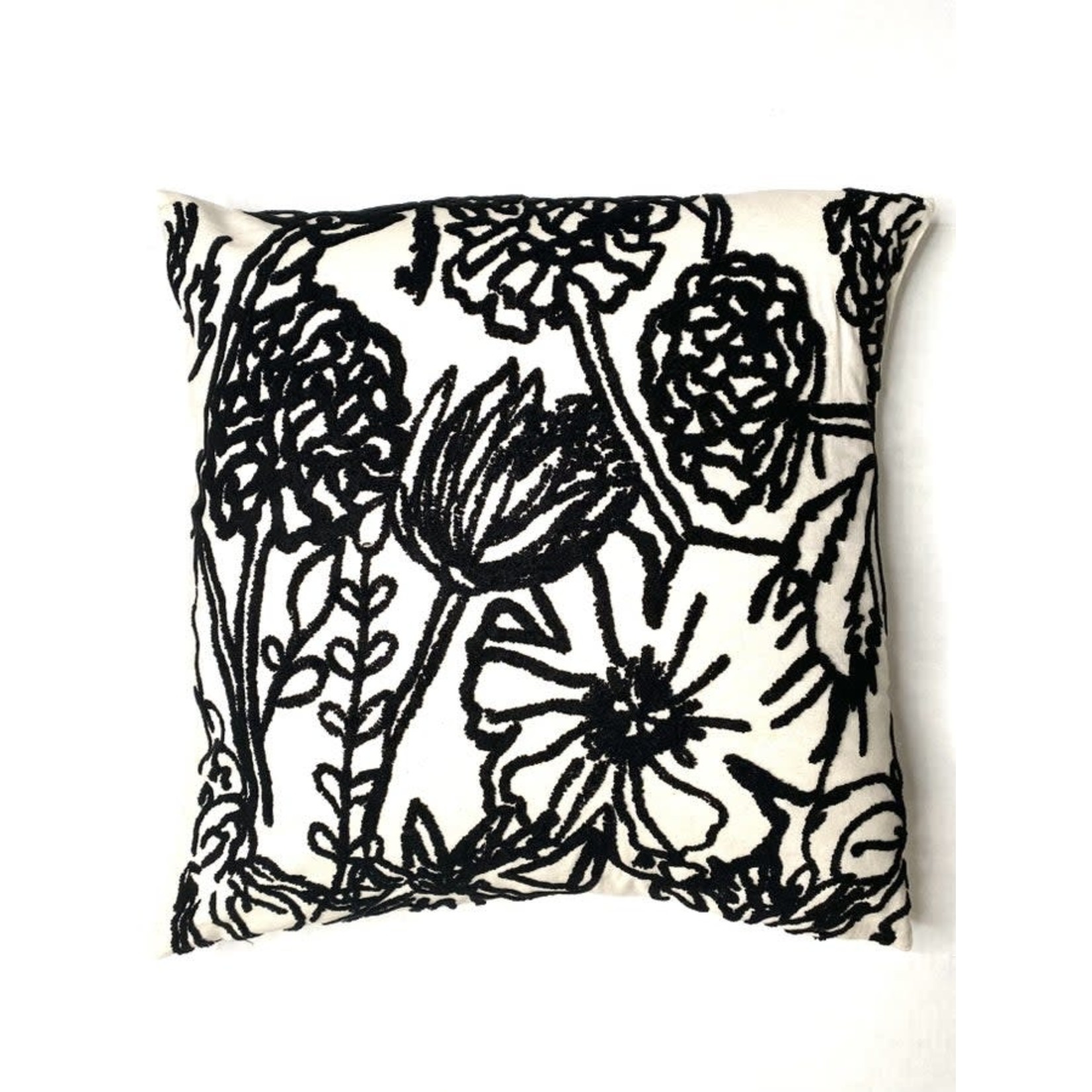 20" Sq Embroidered Floral Pillow CR/BK
