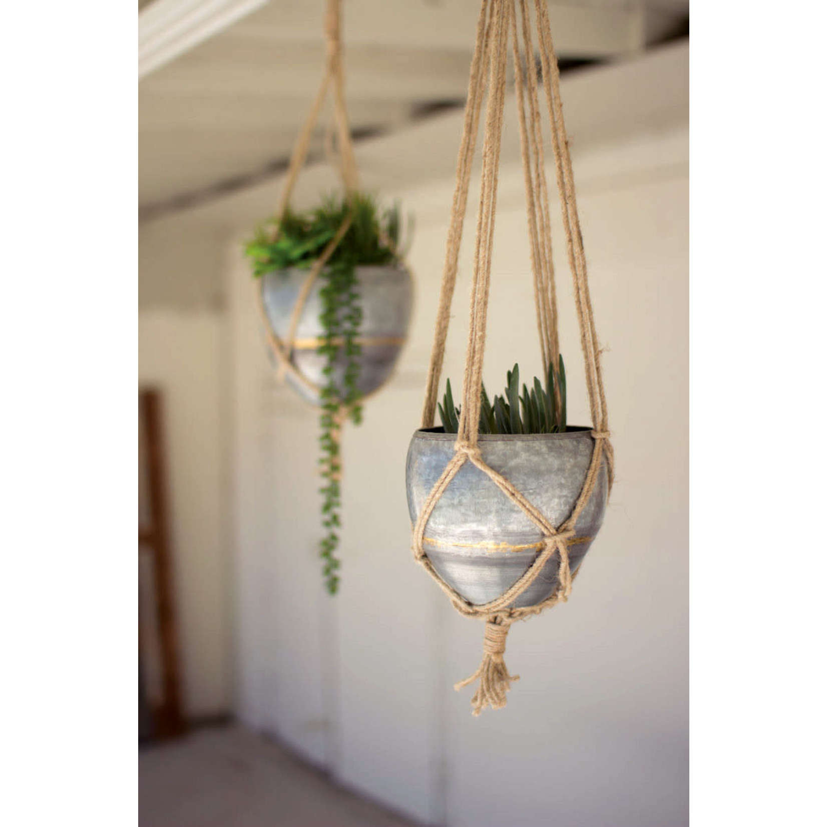 Hanging Galvanized Planter with Woven Jute Rope