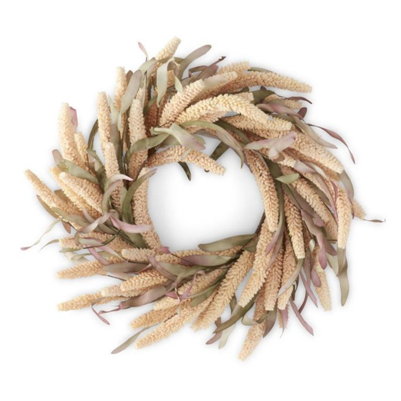 27"  Cream Rice Wreath w/Green & Burgundy Eva Leaves