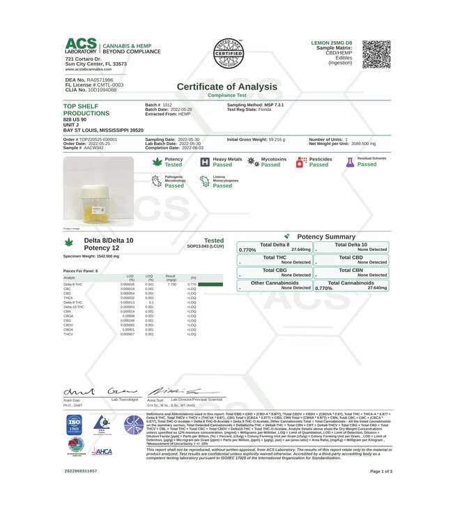 (LAH) Lemon D8 Gummies 25mg (20ct) - 500mg