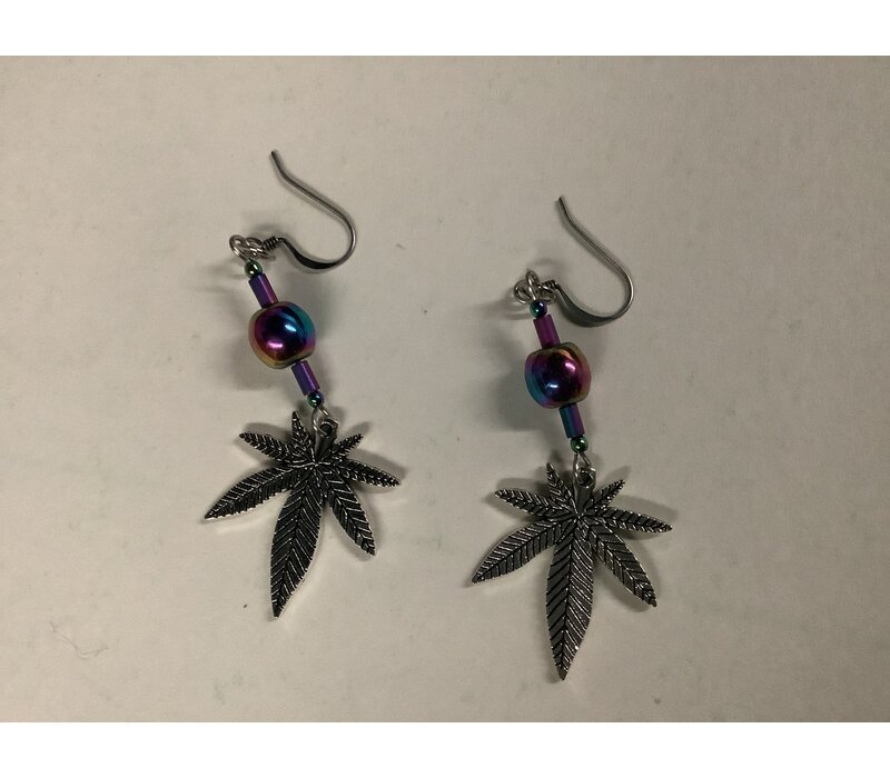 By, Jenny-Rainbow Hematite Earrings  (Silver Leaf)