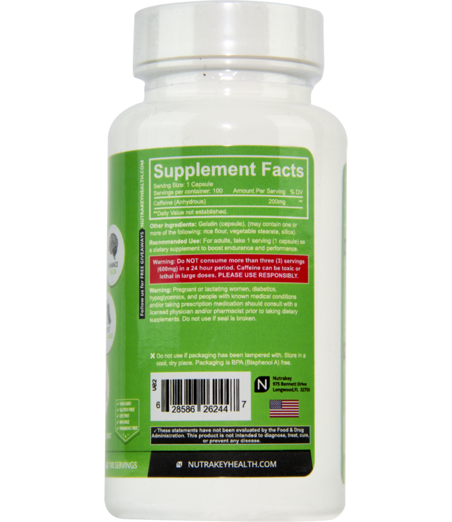 NutraKey Caffeine 200mg 100 Capsules