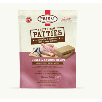 Primal Primal - Frozen Patties - 6lbs - Turkey & Sardine