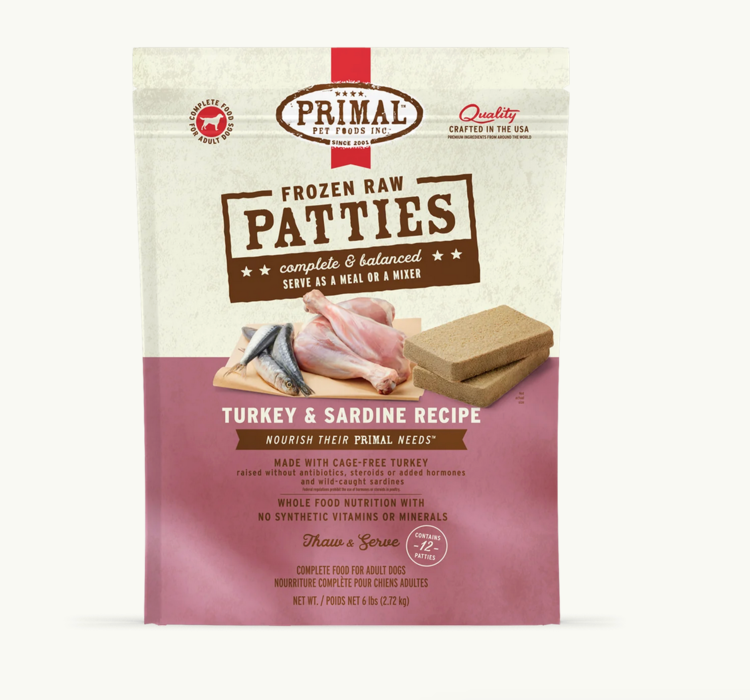 Primal Primal - Frozen Patties - 6lbs - Turkey & Sardine