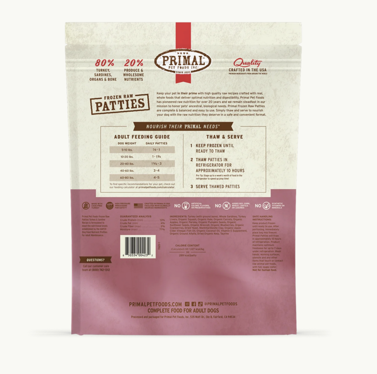 Primal Primal - Frozen Patties - 6lbs - Turkey & Sardine