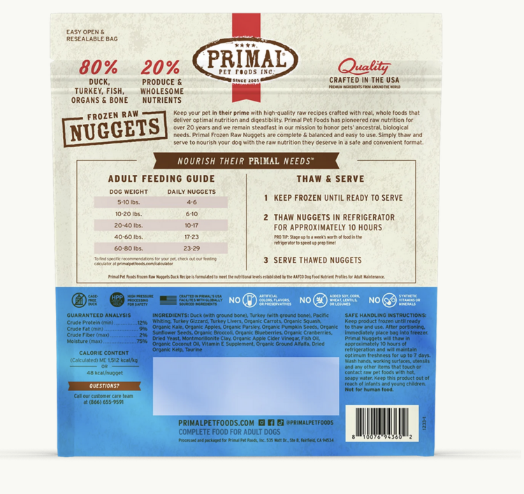 Primal Primal - Frozen Nuggets - Duck w/ Turkey + Fish - 3lbs