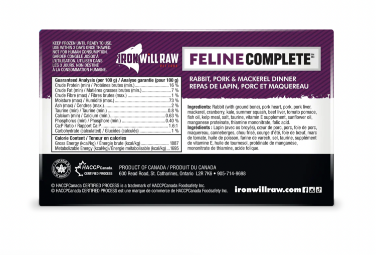Iron Will Raw Iron Will Raw - Feline Complete - Rabbit, Pork & Mackerel - 3lbs