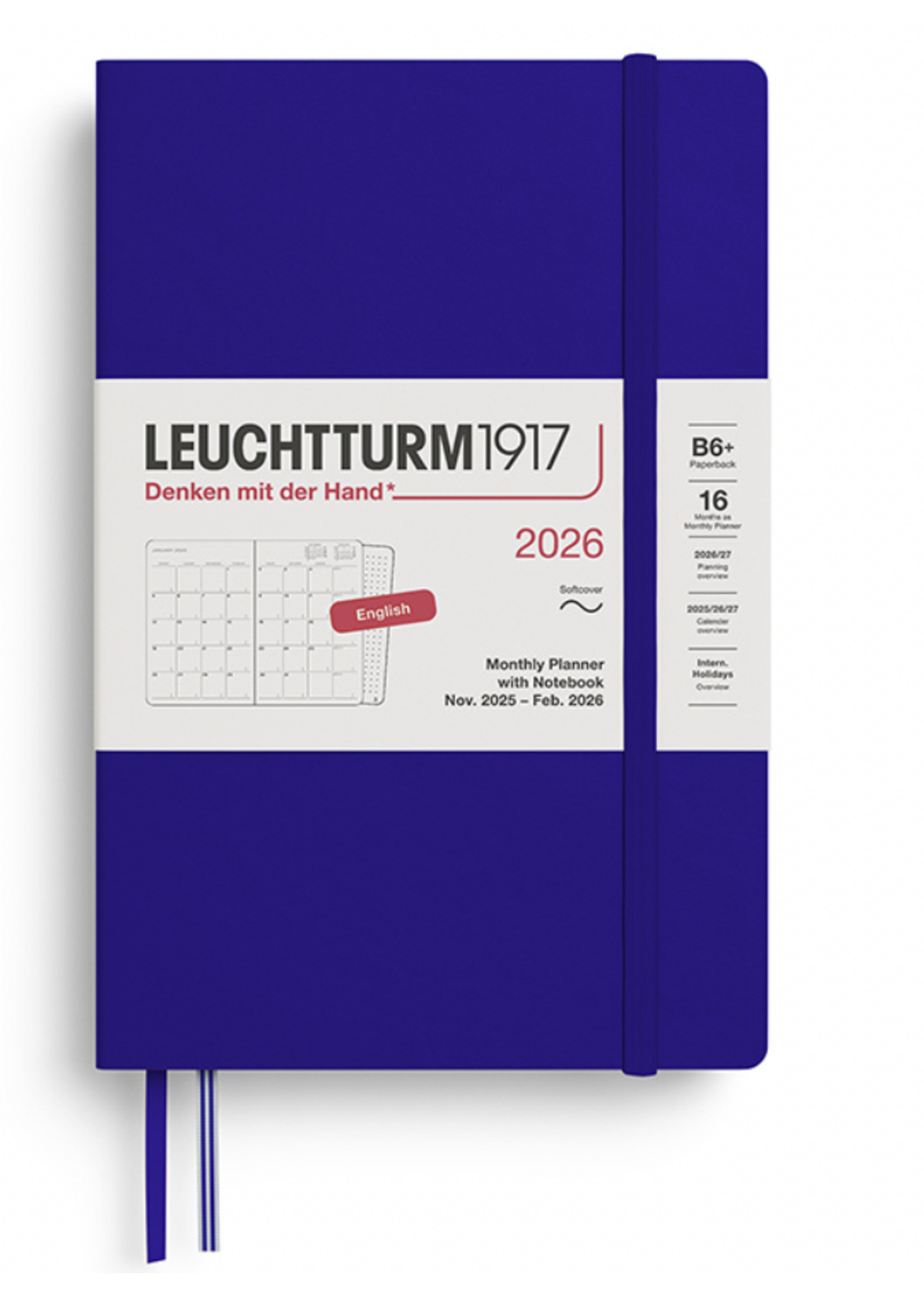 Leuchtturm1917 Monthly Planner & Notebook Paperback (B6+) 2026, 16 Months, Softcover, Ink, English