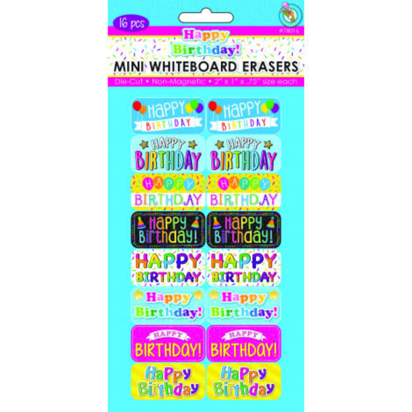 ASHLEY INCORPORATED 16 Pack Non-Magnetic Mini Whiteboard Erasers, Happy Birthday