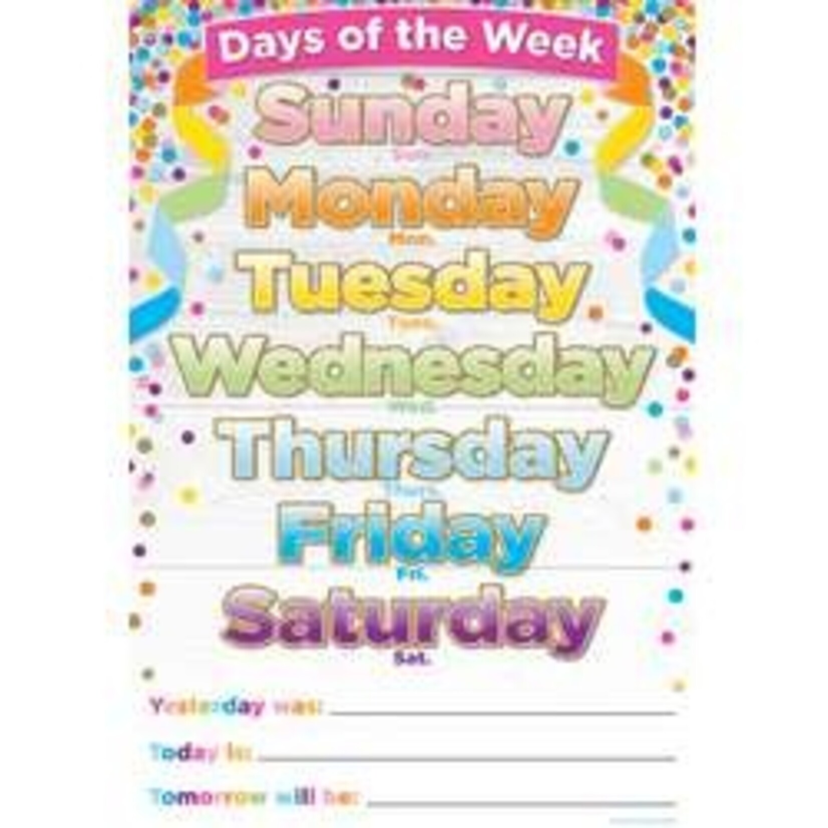 ASHLEY INCORPORATED Smart Poly® Chart 13"X19", Confetti Days Of The Week