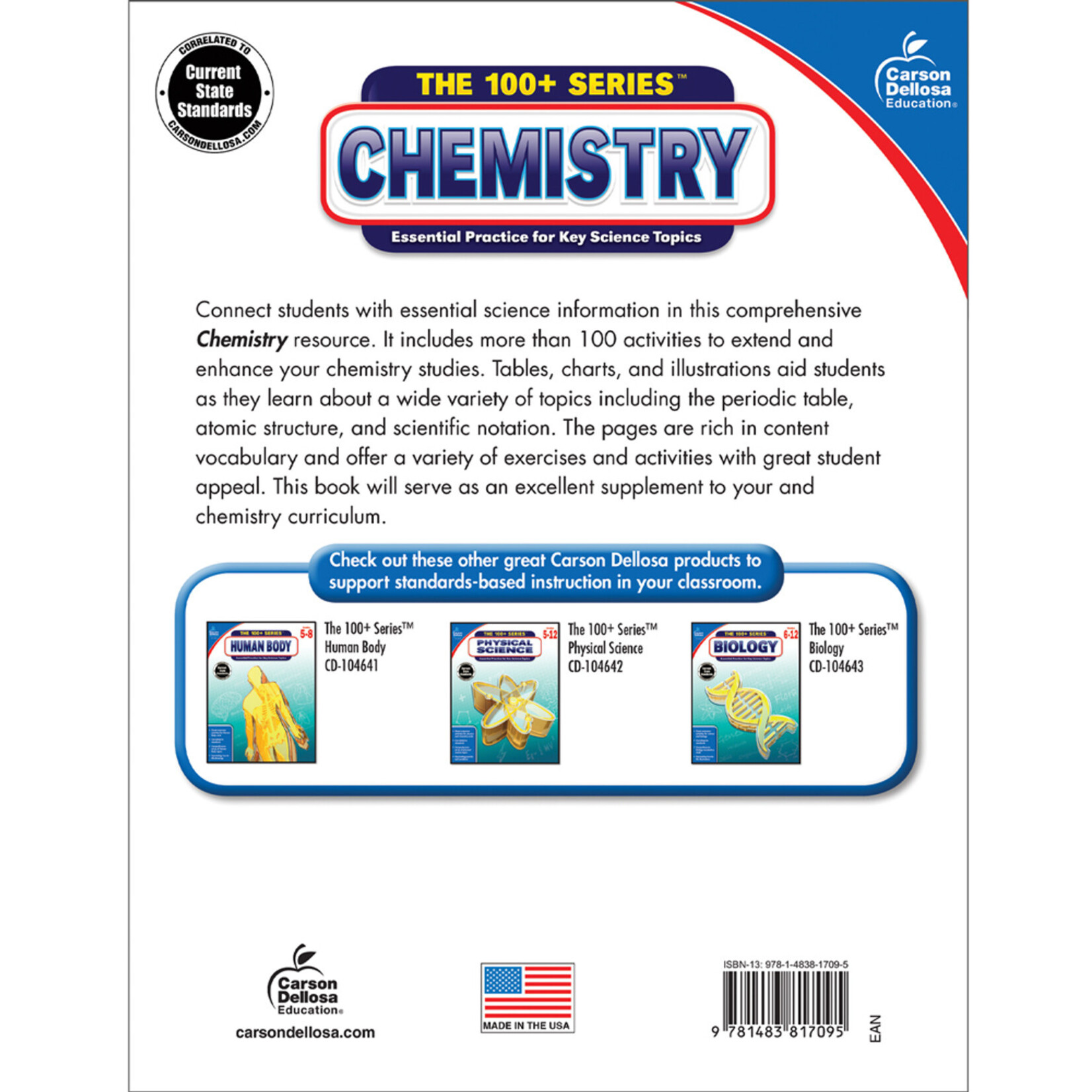 CARSON DELLOSA PUBLISHING CO Chemistry Workbook Grade 9-12 Paperback