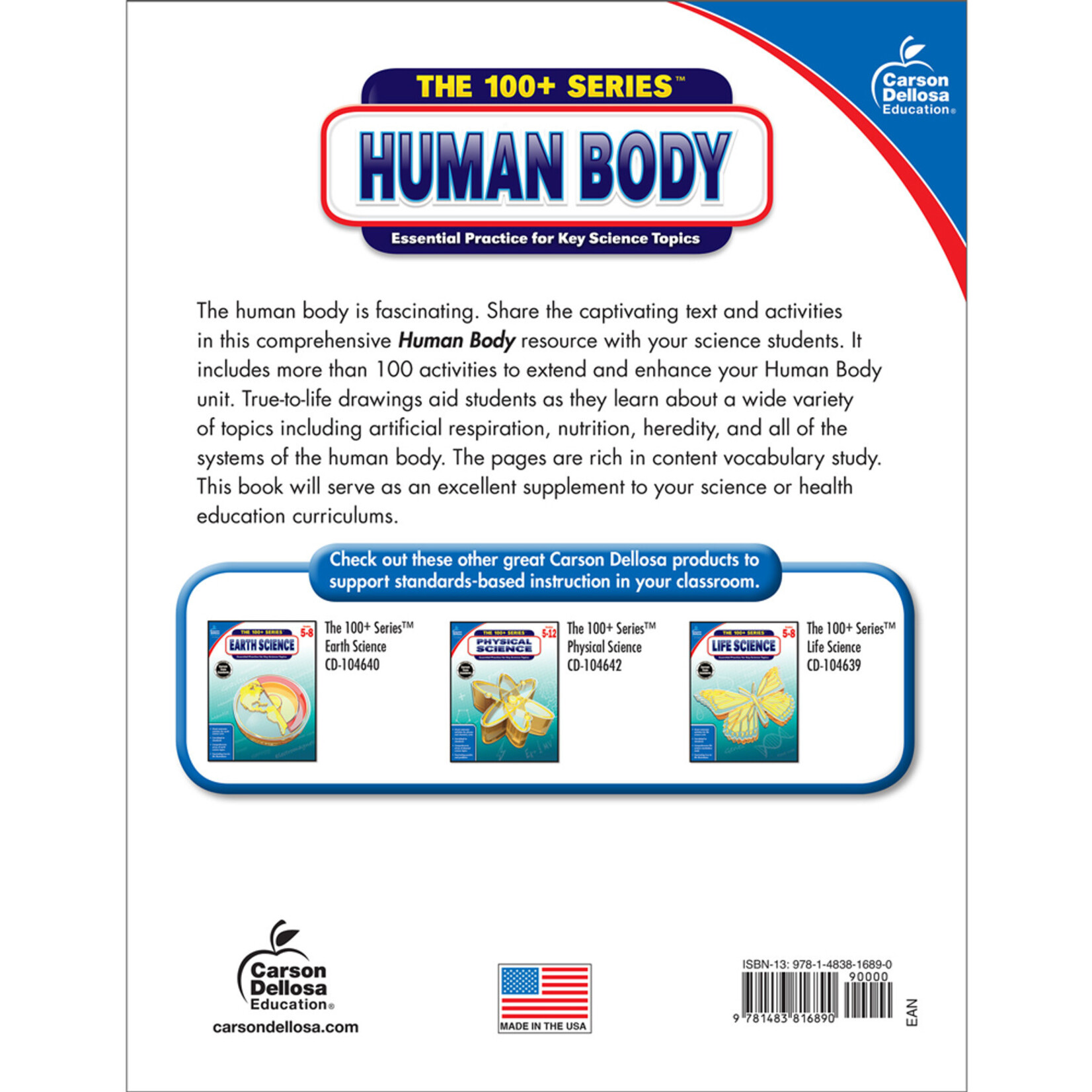 CARSON DELLOSA PUBLISHING CO 100+ Series Human Body Workbook Grade 5-8