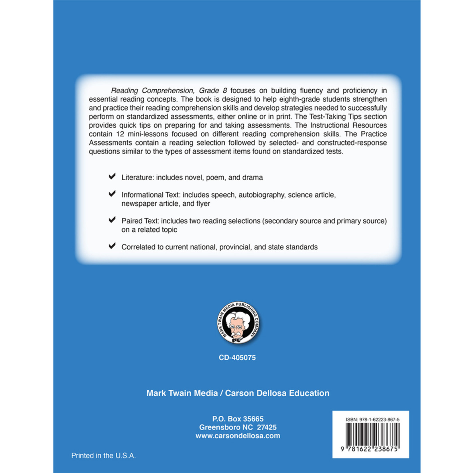 CARSON DELLOSA PUBLISHING CO Reading Comprehension Resource Book Grade 8
