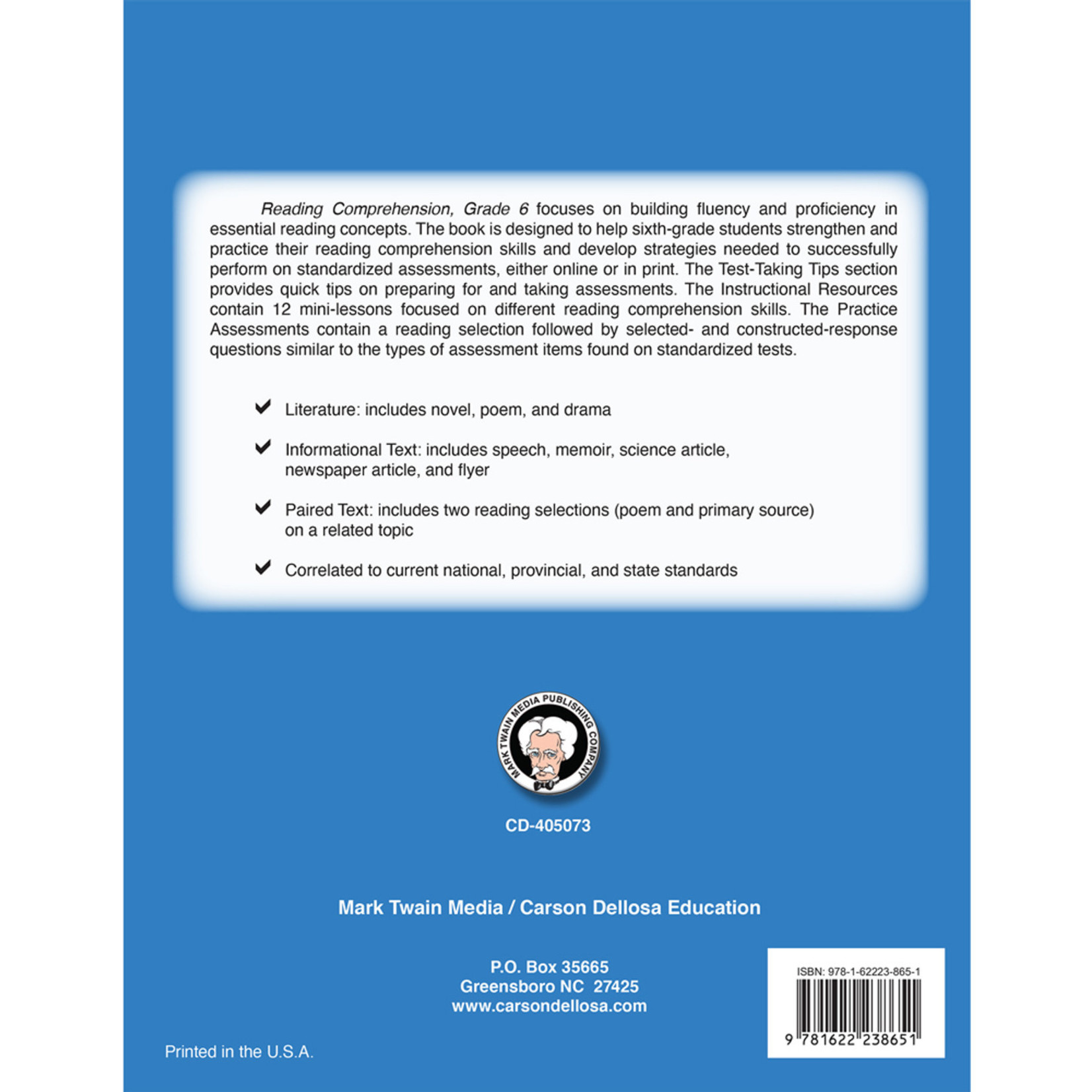 CARSON DELLOSA PUBLISHING CO Reading Comprehension Resource Book Grade 6
