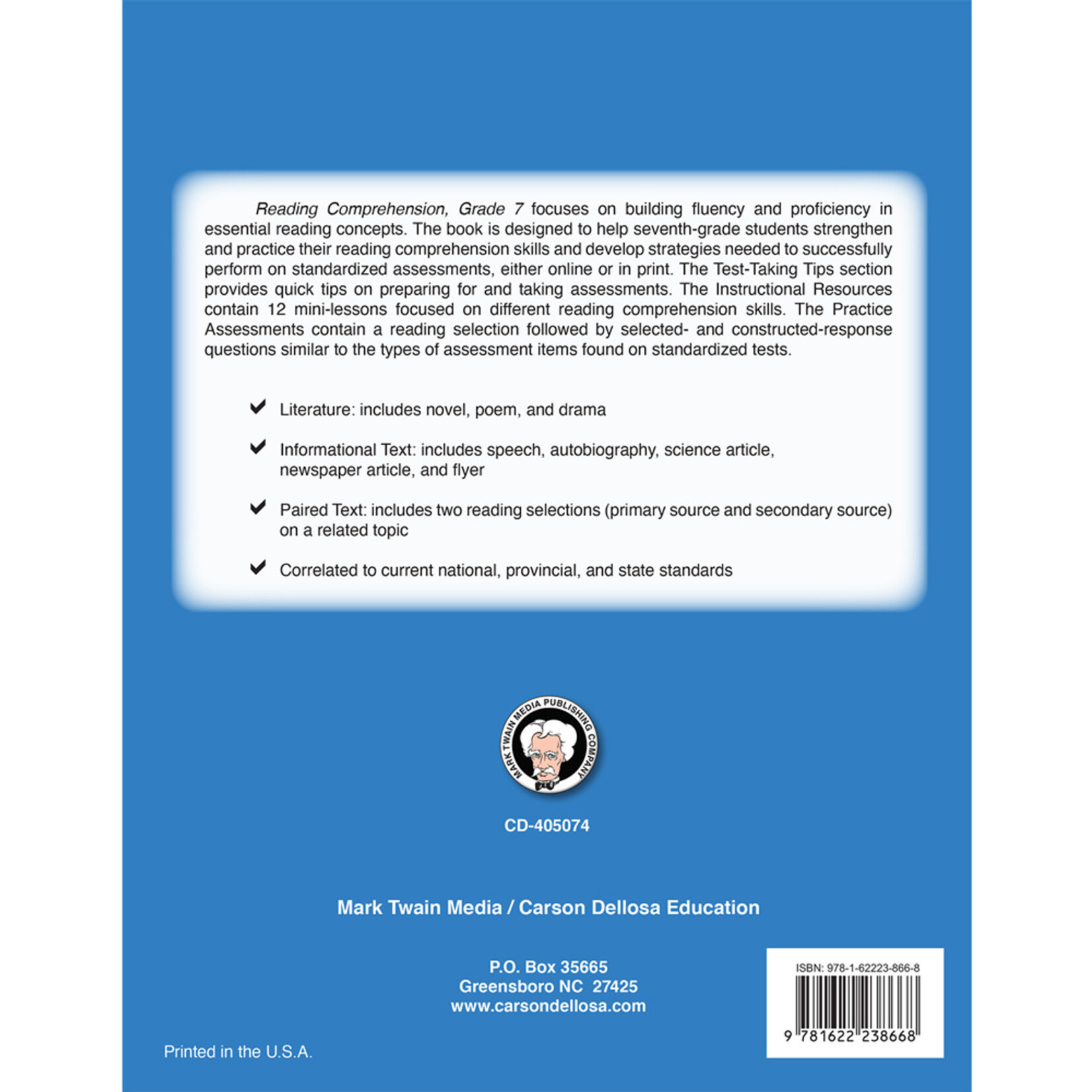 CARSON DELLOSA PUBLISHING CO Reading Comprehension Resource Book Grade 7