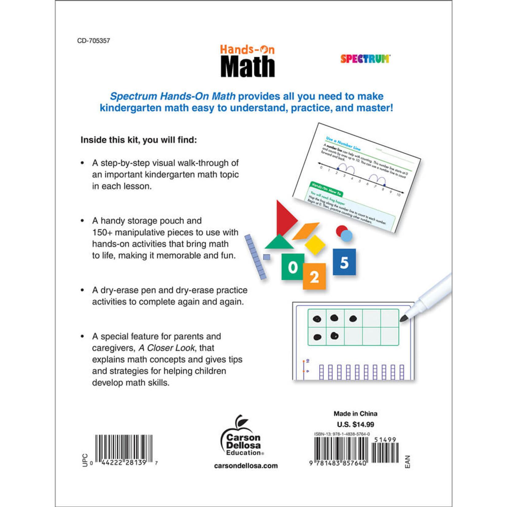 CARSON DELLOSA PUBLISHING CO Spectrum Hands-On Math Workbook Grade K