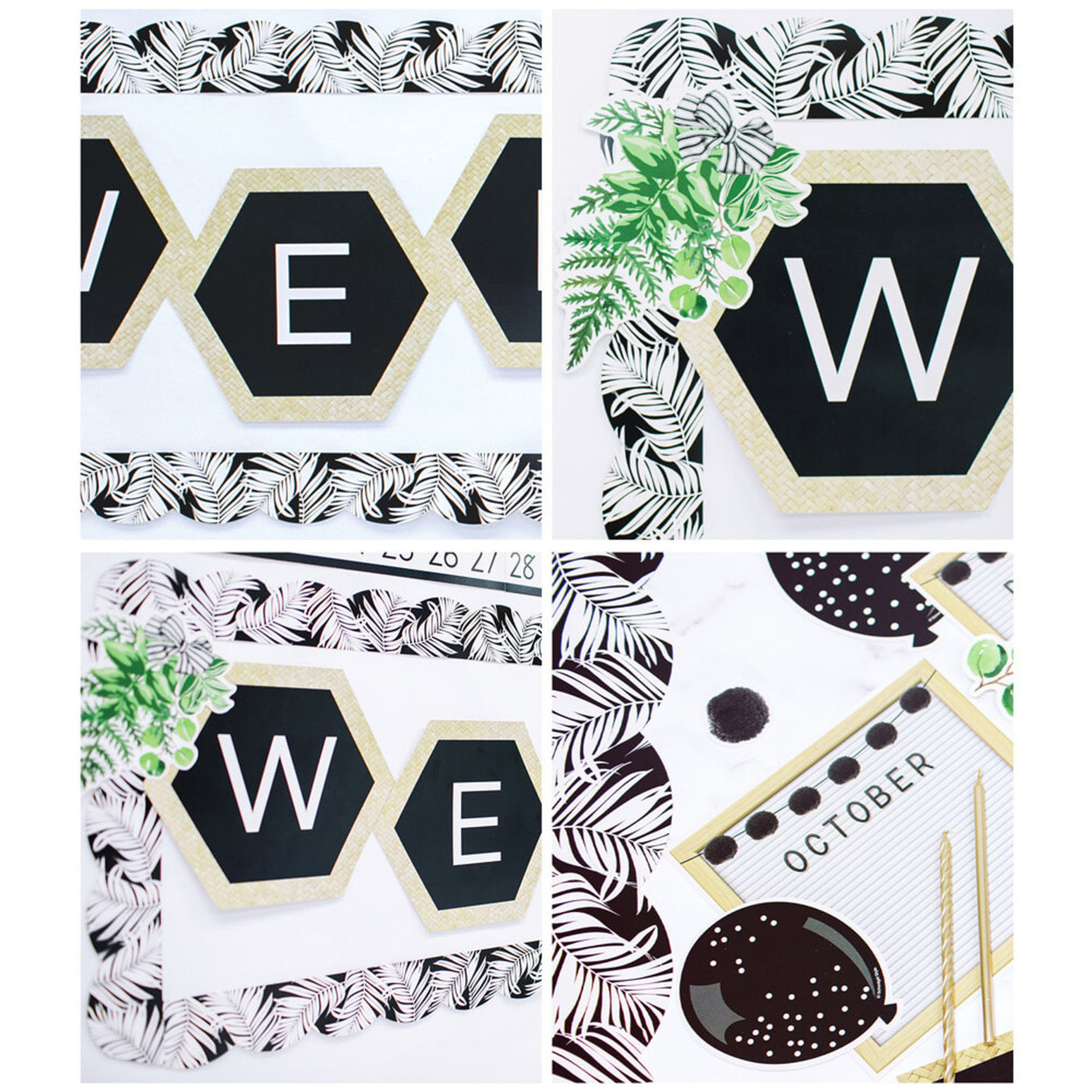CARSON DELLOSA PUBLISHING CO CLM School Girl: Simply Boho Black with White Leaves Scalloped Borders