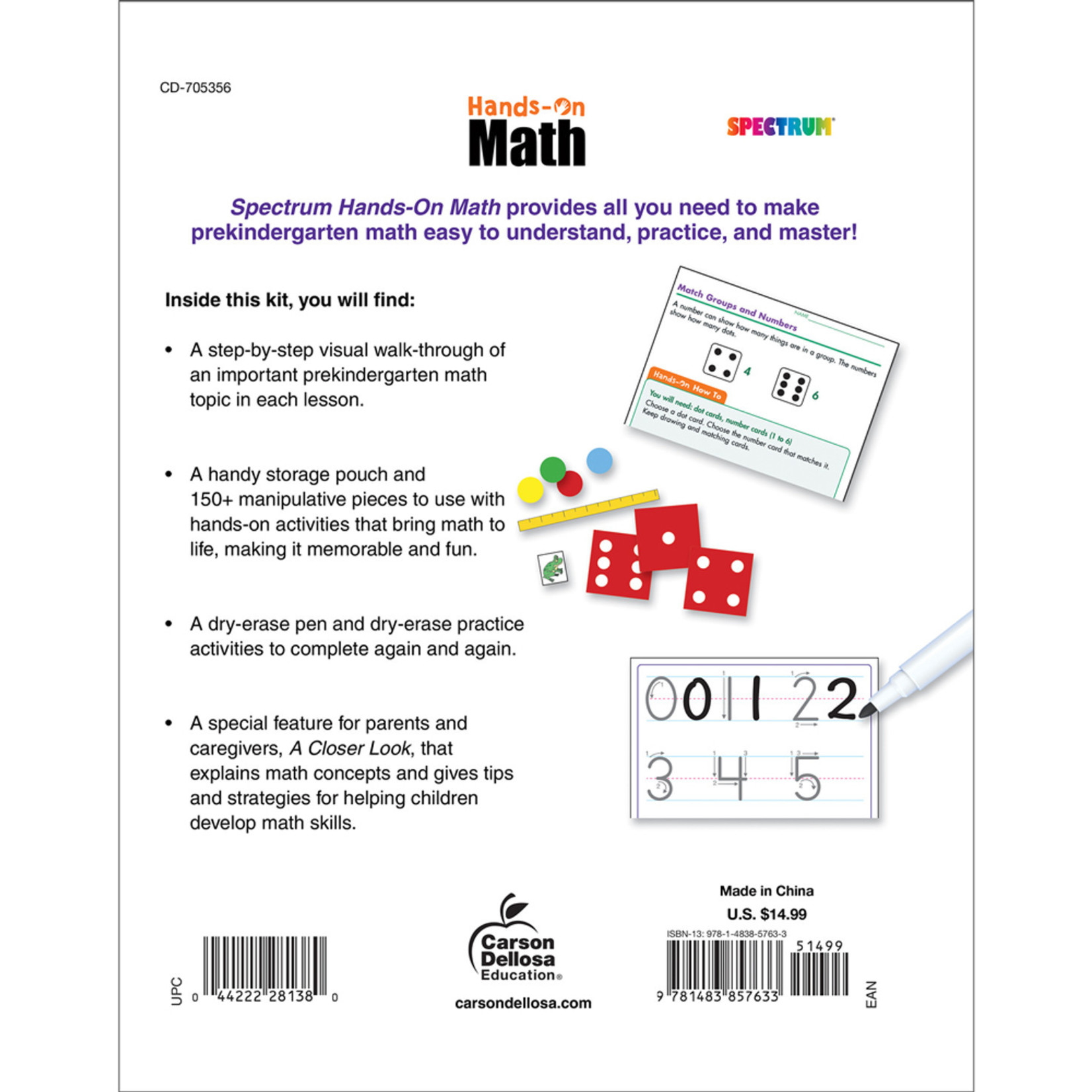 CARSON DELLOSA PUBLISHING CO Spectrum Hands-On Math Workbook Grade PK