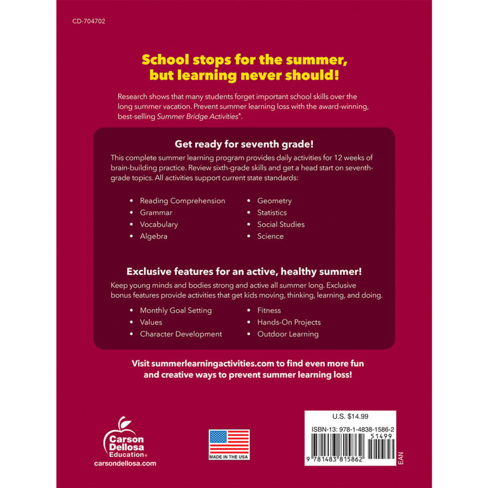 CARSON DELLOSA PUBLISHING CO Summer Bridge Activities® Workbook Grade 6-7