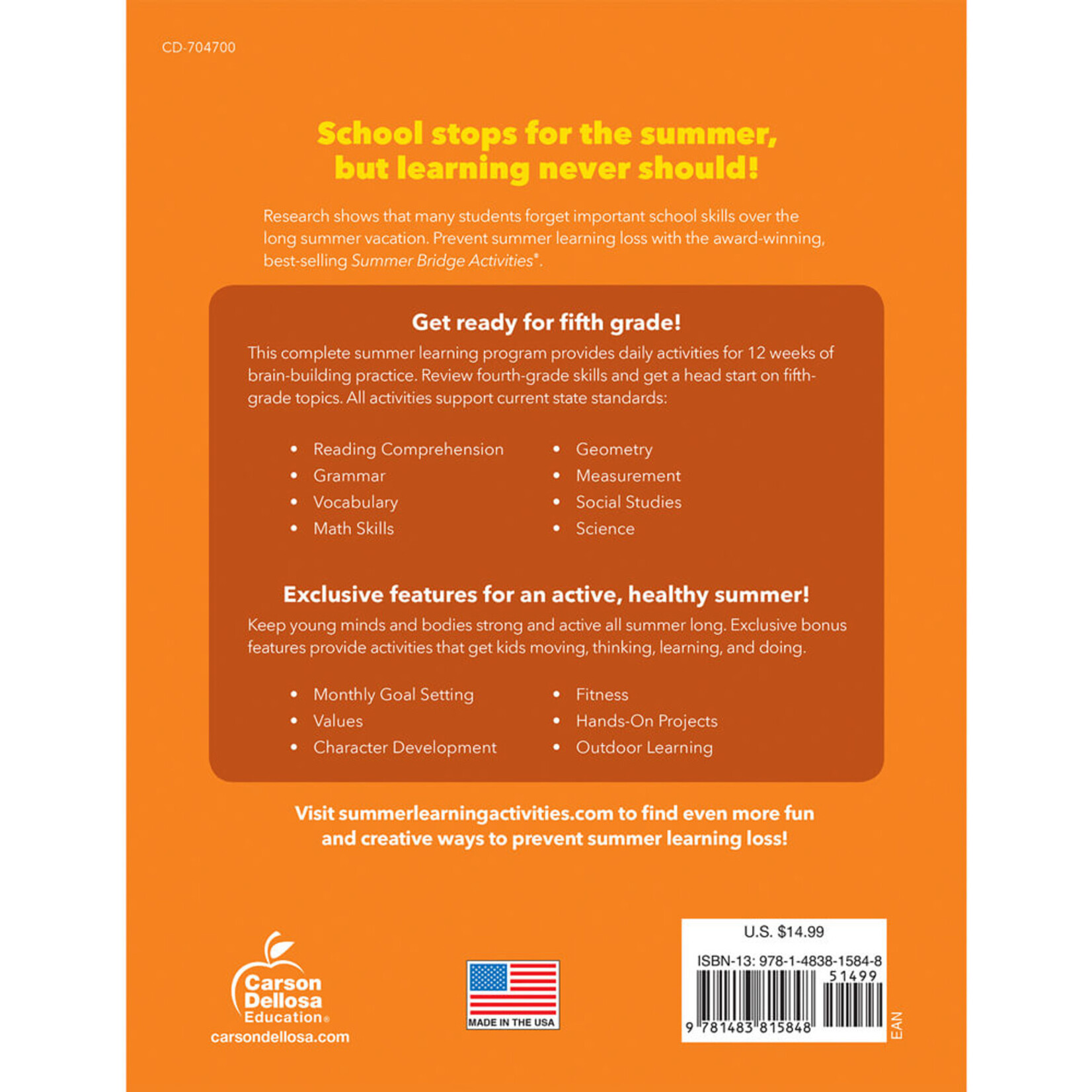 CARSON DELLOSA PUBLISHING CO Summer Bridge Activities® Workbook Grade 4-5