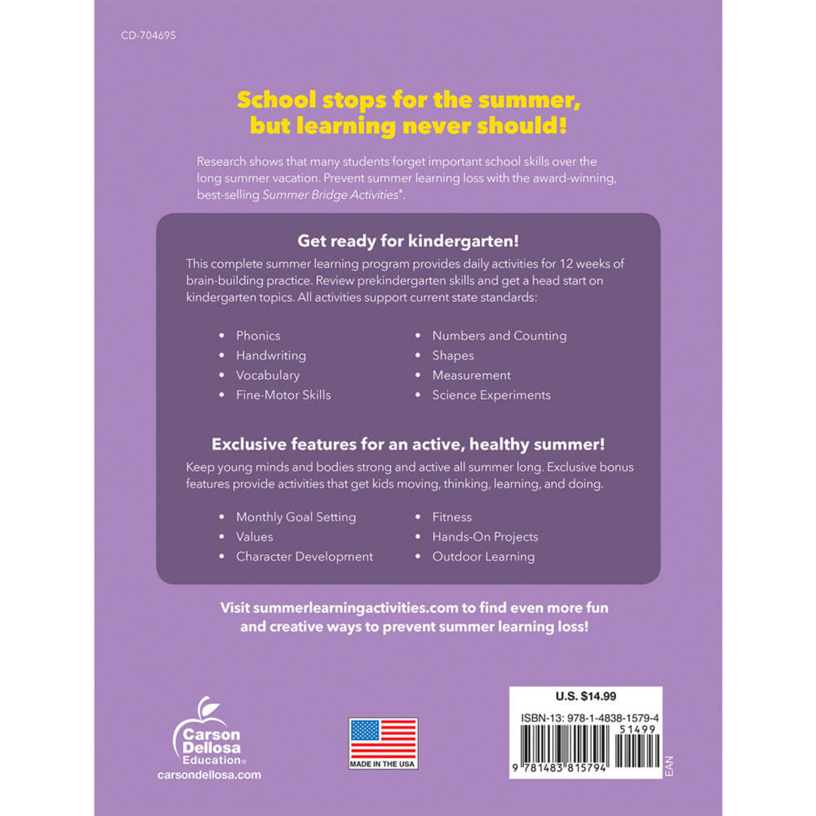 CARSON DELLOSA PUBLISHING CO Summer Bridge Activities Workbook Grade PK-K