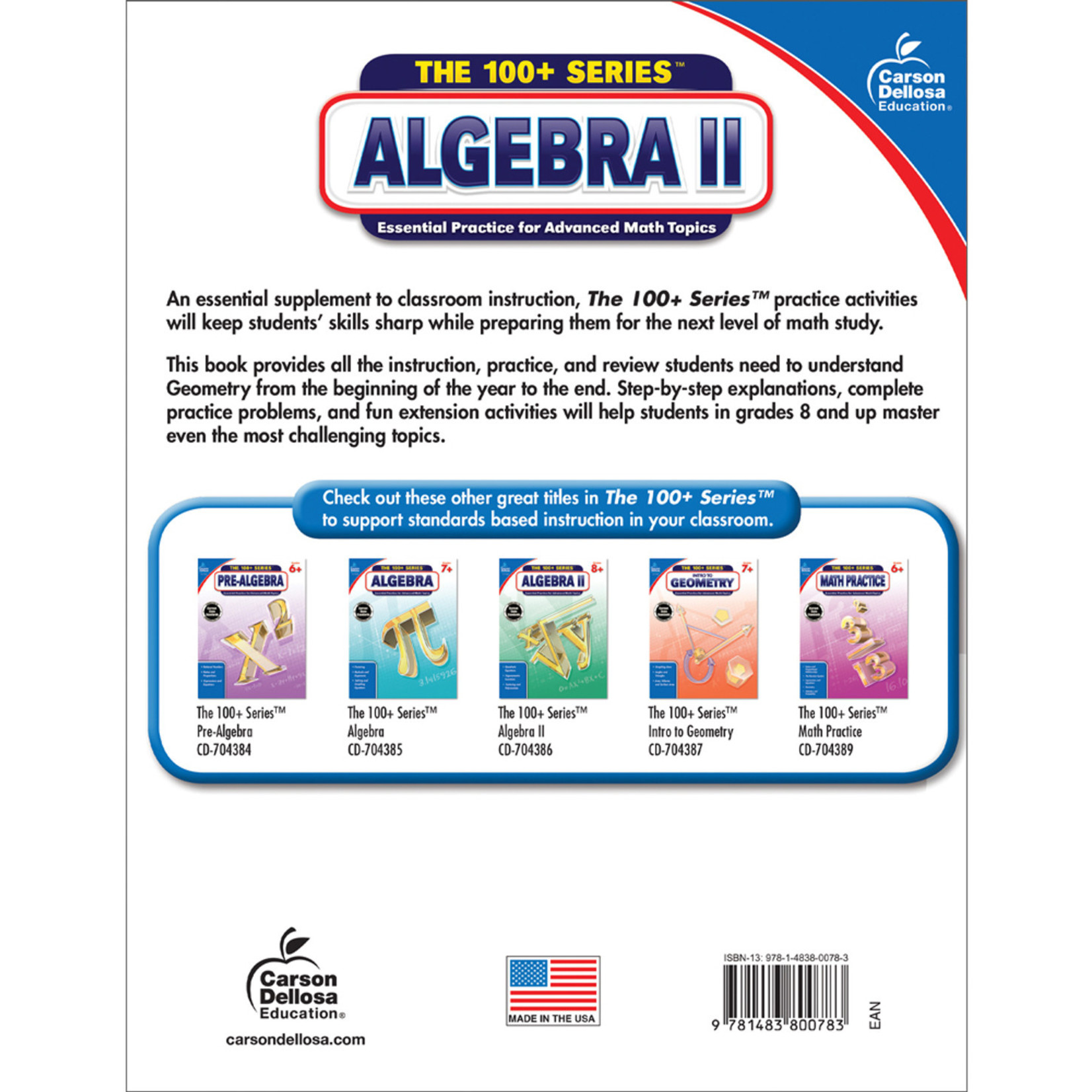 CARSON DELLOSA PUBLISHING CO 100+ Series Algebra II Workbook Grade 8-10